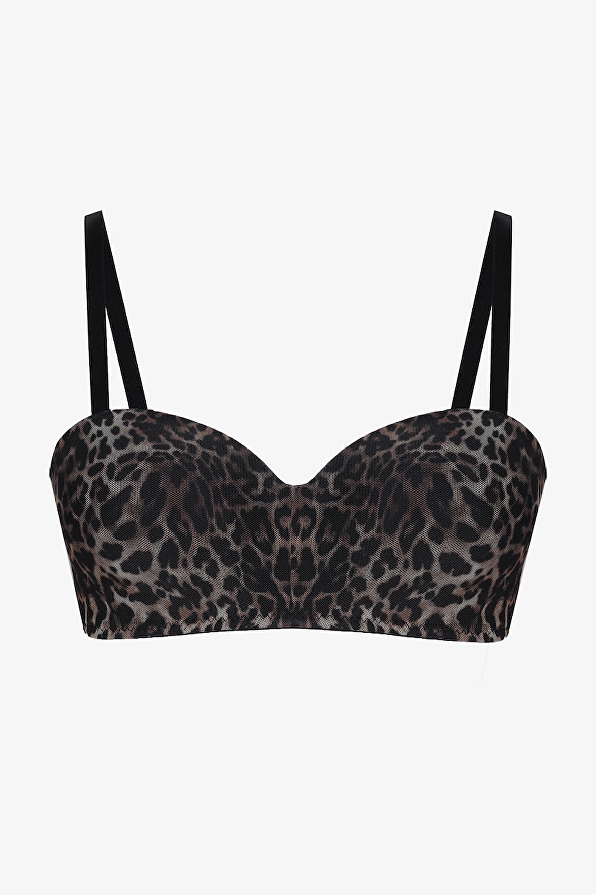 Kadın Dolgusuz Tül Detaylı Leopar Desenli Toparlayıcı Straplez Sütyen