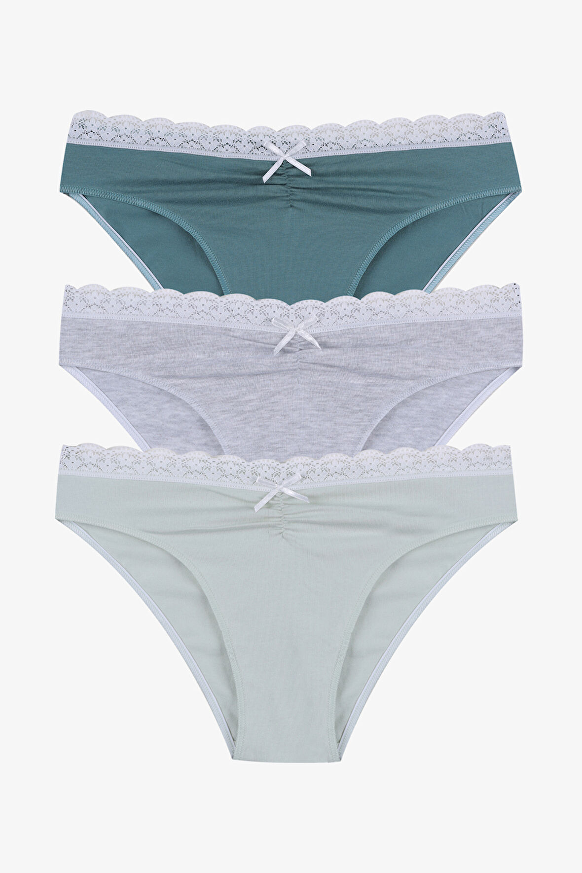 Kadın Ön Bel Dantelli Büzgülü ve Fiyonk Detaylı Lastikli Külot 3'lü