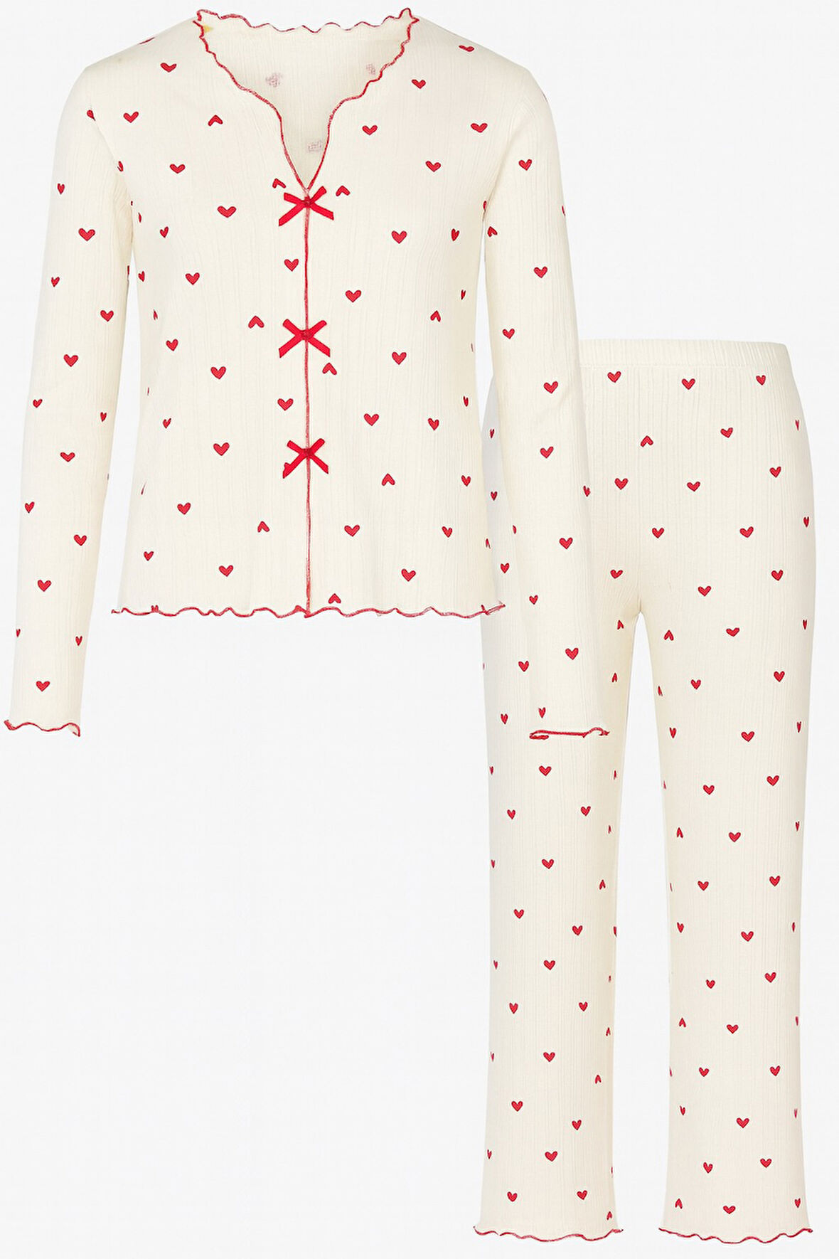 Kadın Pamuklu Çıtır Çiçek Desenli Baby Overloklu Fiyonk Detaylı Uzun Kollu Pijama Takımı