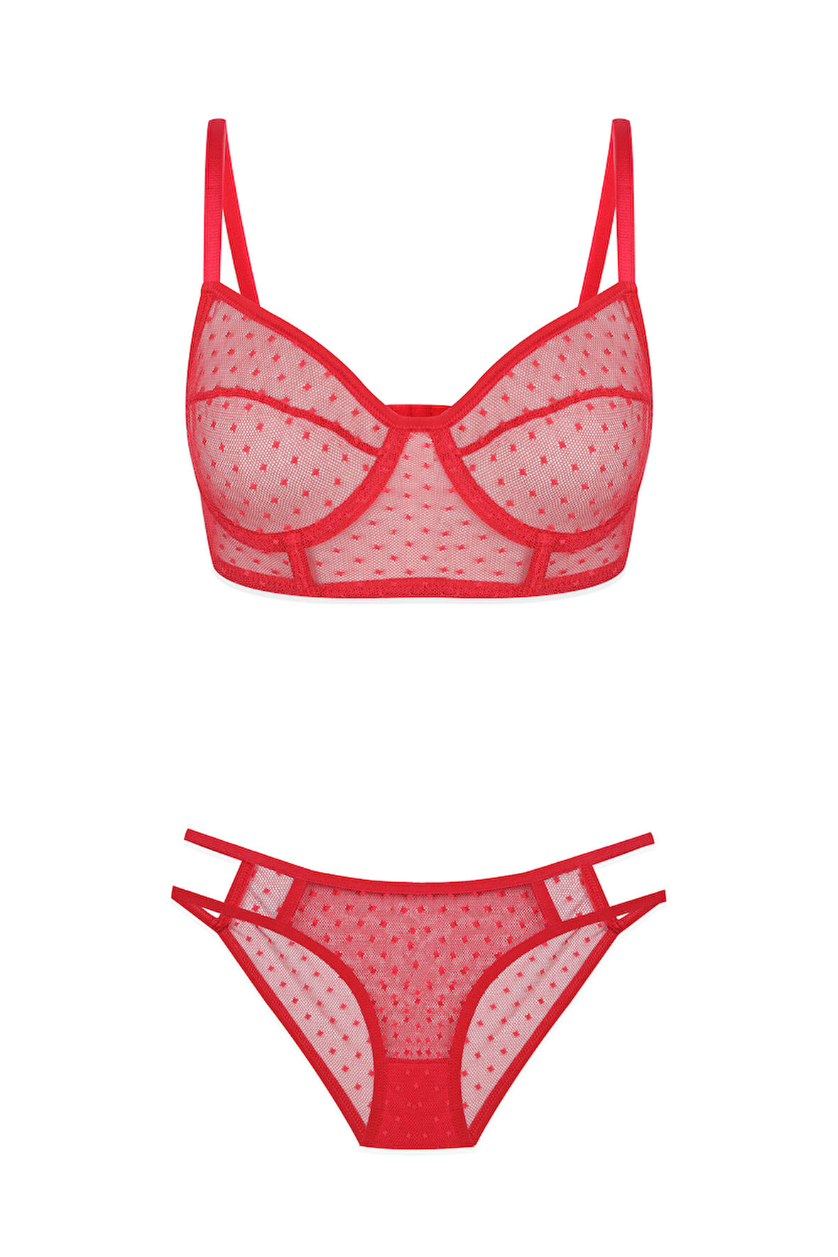 Kadın Kırmızı Puanlı Tül Sütyen Takımı