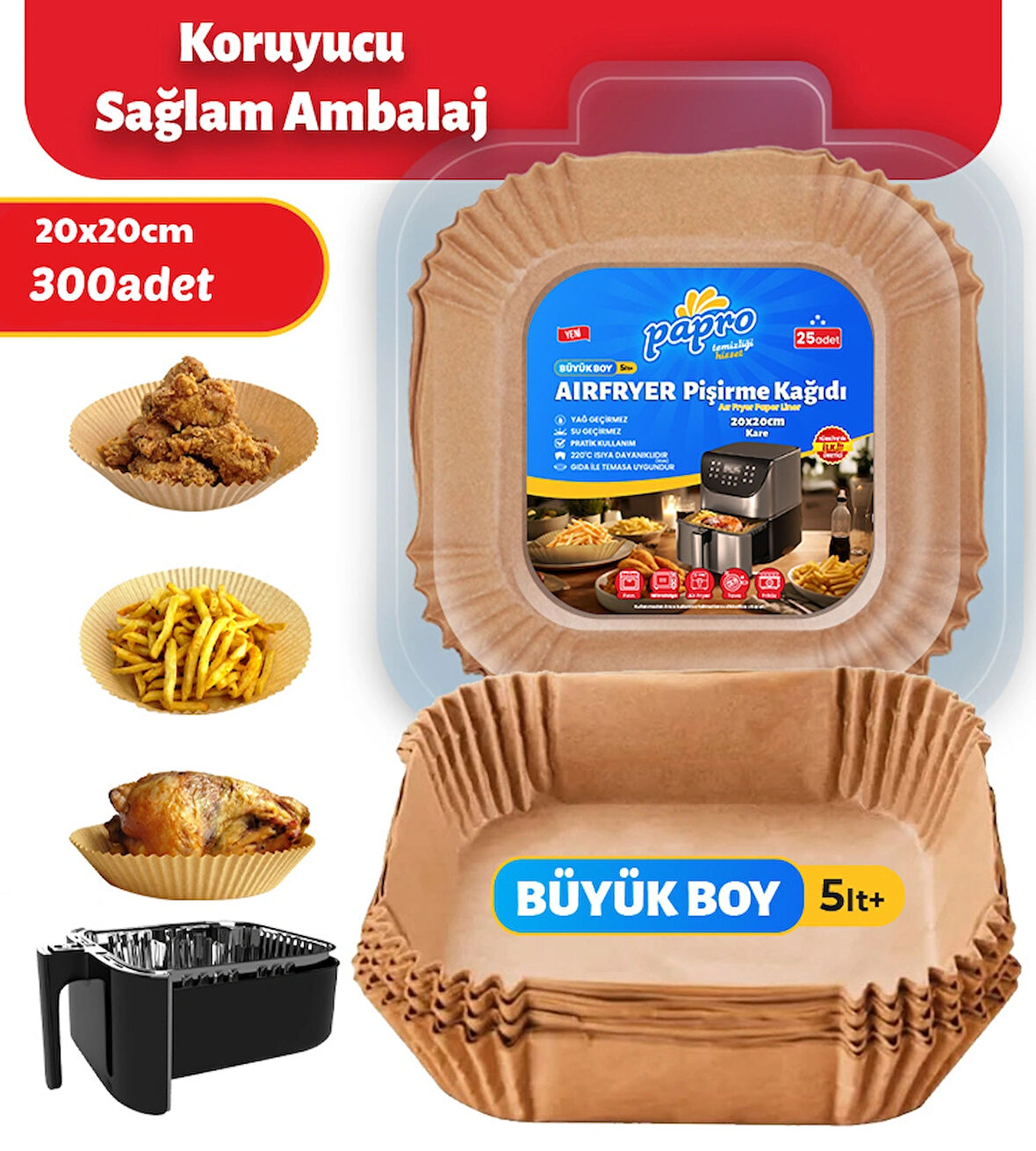 Airfryer Pişirme Kağıdı (300 Adet) – Büyük Boy Kare Model, Yağsız Fritöz İçin İdeal