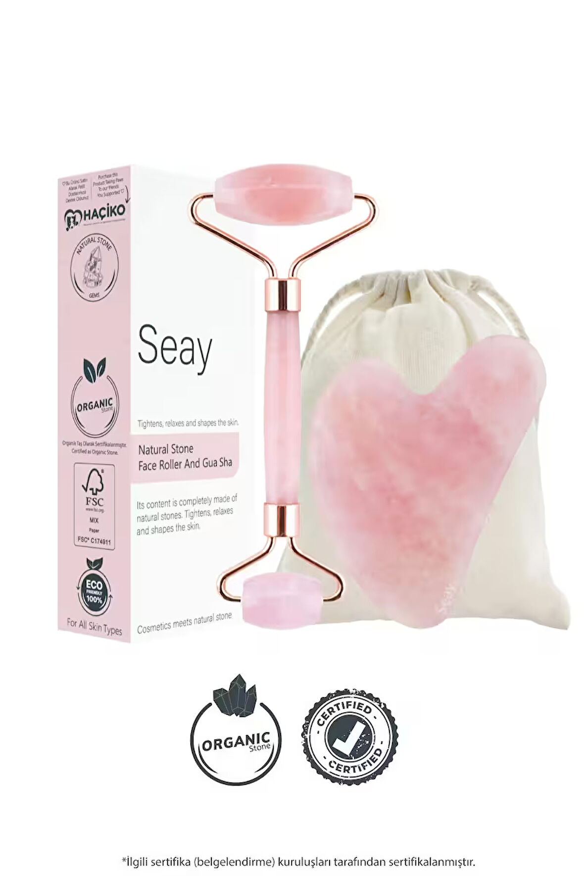 Pembe Kuvars Roller Ve Pembe Kalp Gua Sha Yüz Masaj Aleti Seti Keseli Değerli Doğal Taş Sertifikalı