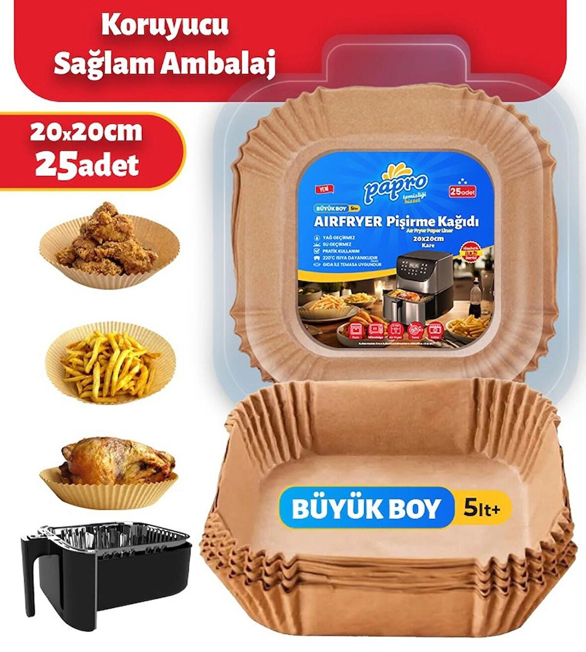 PAPRO Airfryer Pişirme Kağıdı büyük boy kare 25 Adet 20*20 Hava Fritözü Yağlı Kağıt Airfryer Philip