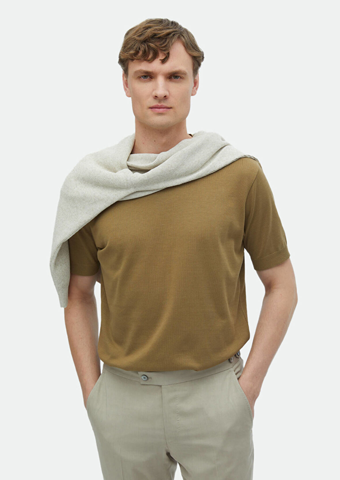 Deve Tüyü Düz Bisiklet Yaka %100 Pamuk T-Shirt