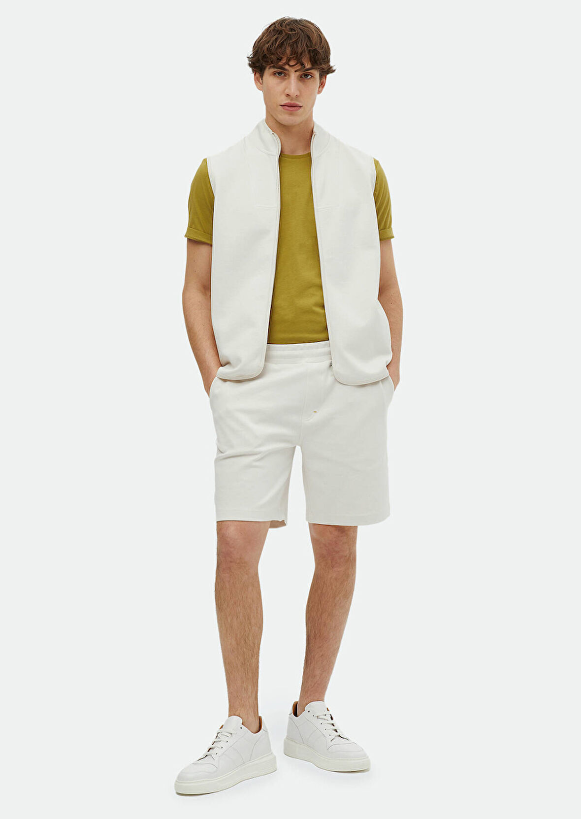 Ekru Düz Örme Jogging Fit Casual Pamuk Karışımlı Bermuda