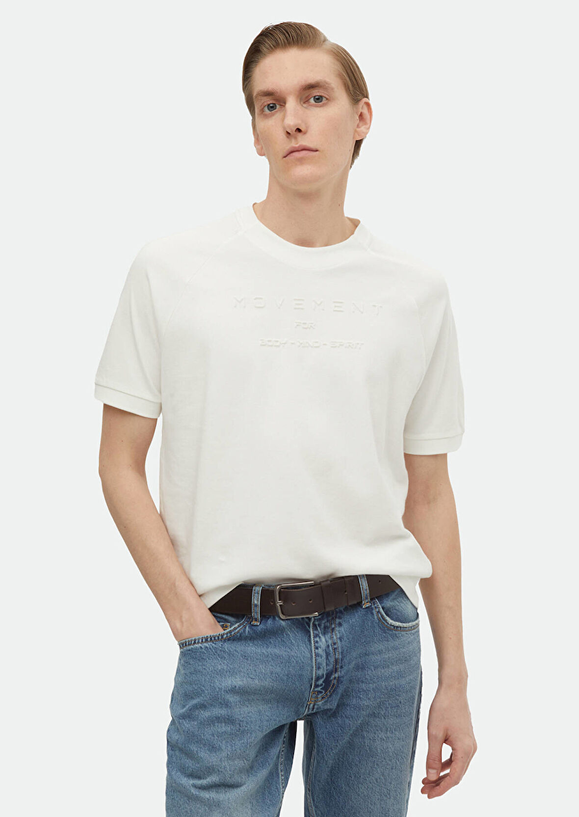 Ekru Baskılı Bisiklet Yaka %100 Pamuk T-Shirt