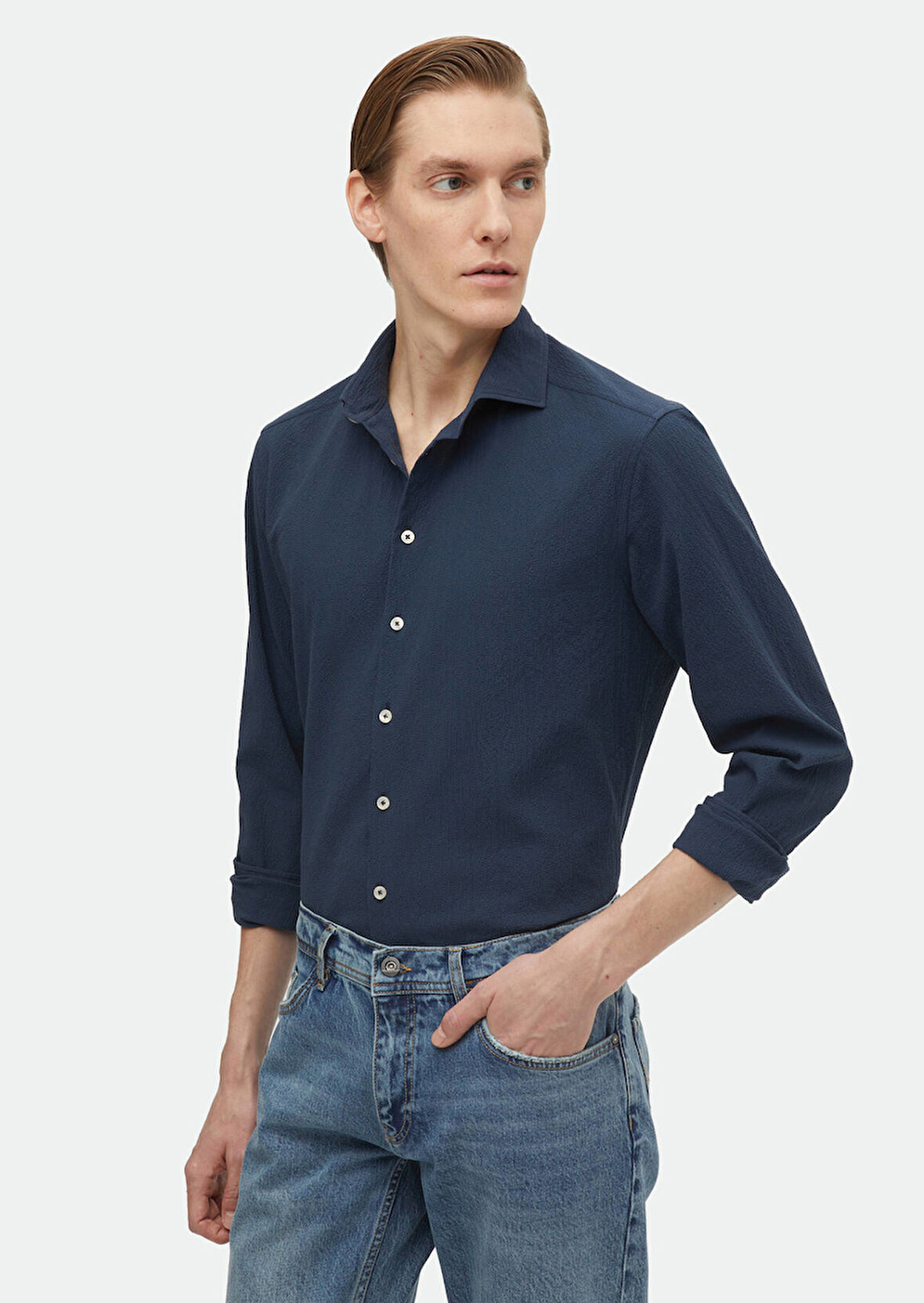 Lacivert Düz Regular Fit Dokuma Casual Pamuk Karışımlı Gömlek