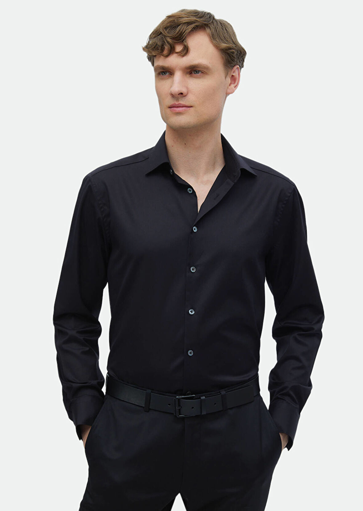 Siyah Regular Fit Ütü İstemeyen Dokuma Klasik %100 Pamuk Gömlek