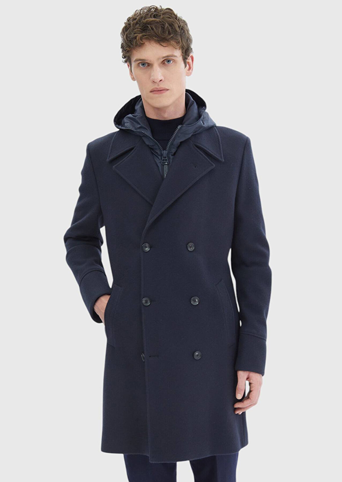 Lacivert Regular Fit Kruvaze Yaka Casual Örme Palto