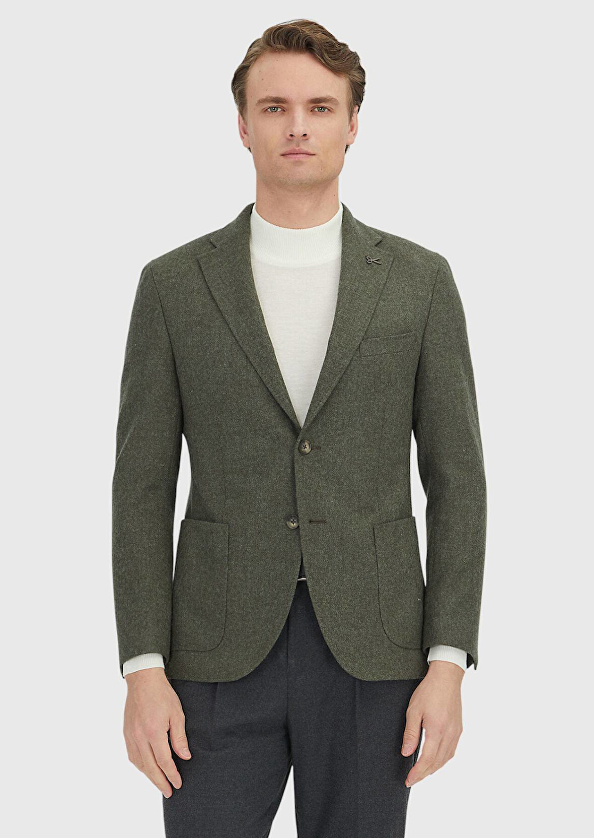 Haki Düz Shirt Shoulder Slim Fit Yün Karışımlı Ceket