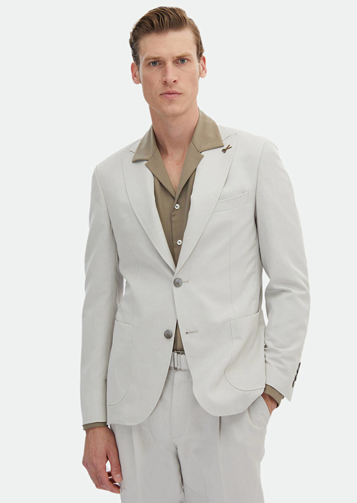 Bej Düz Zeroweight Slim Fit Pamuk Karışımlı Takım Elbise