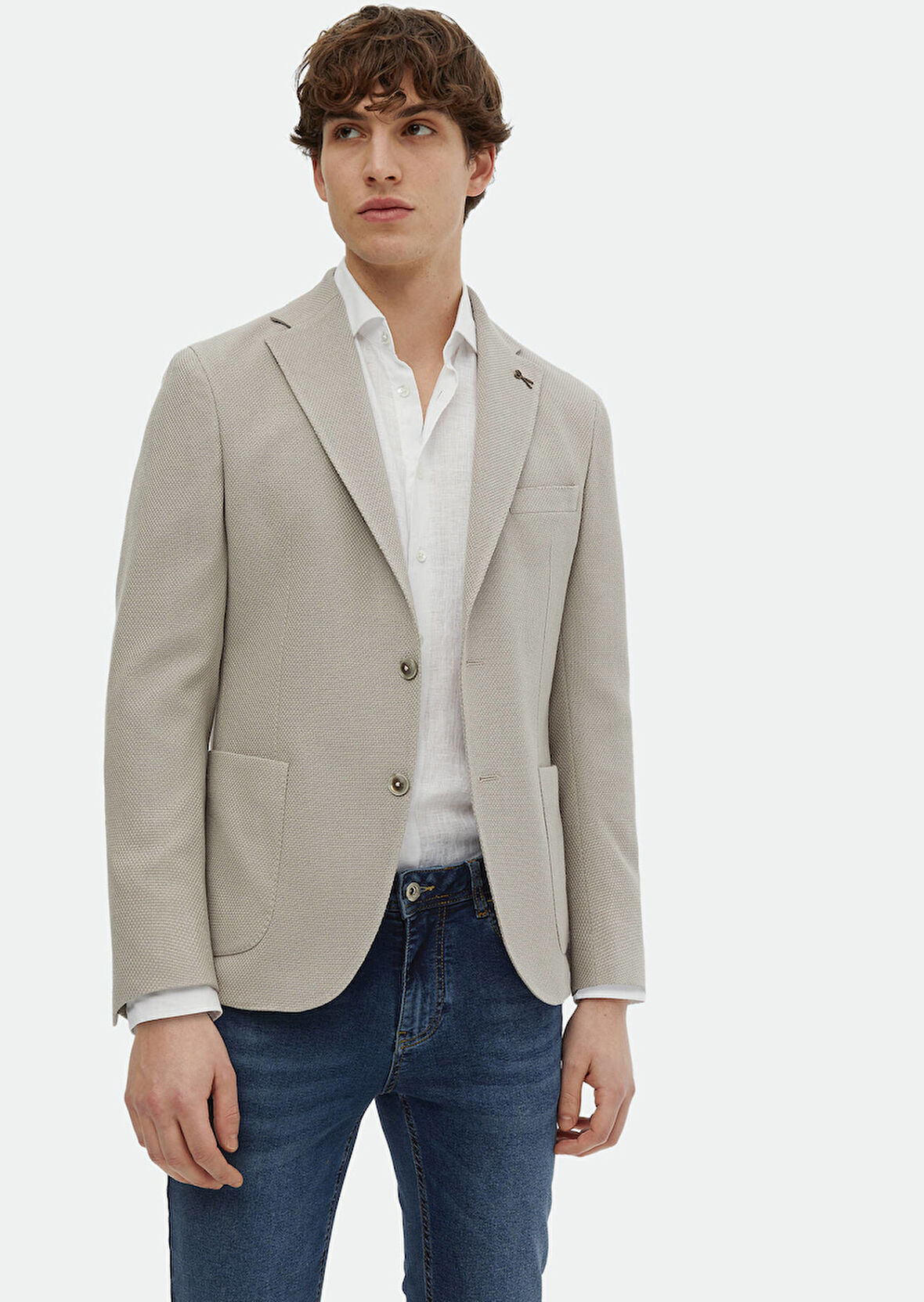 Bej Desenli Shirt Shoulder Slim Fit Pamuk Karışımlı Ceket