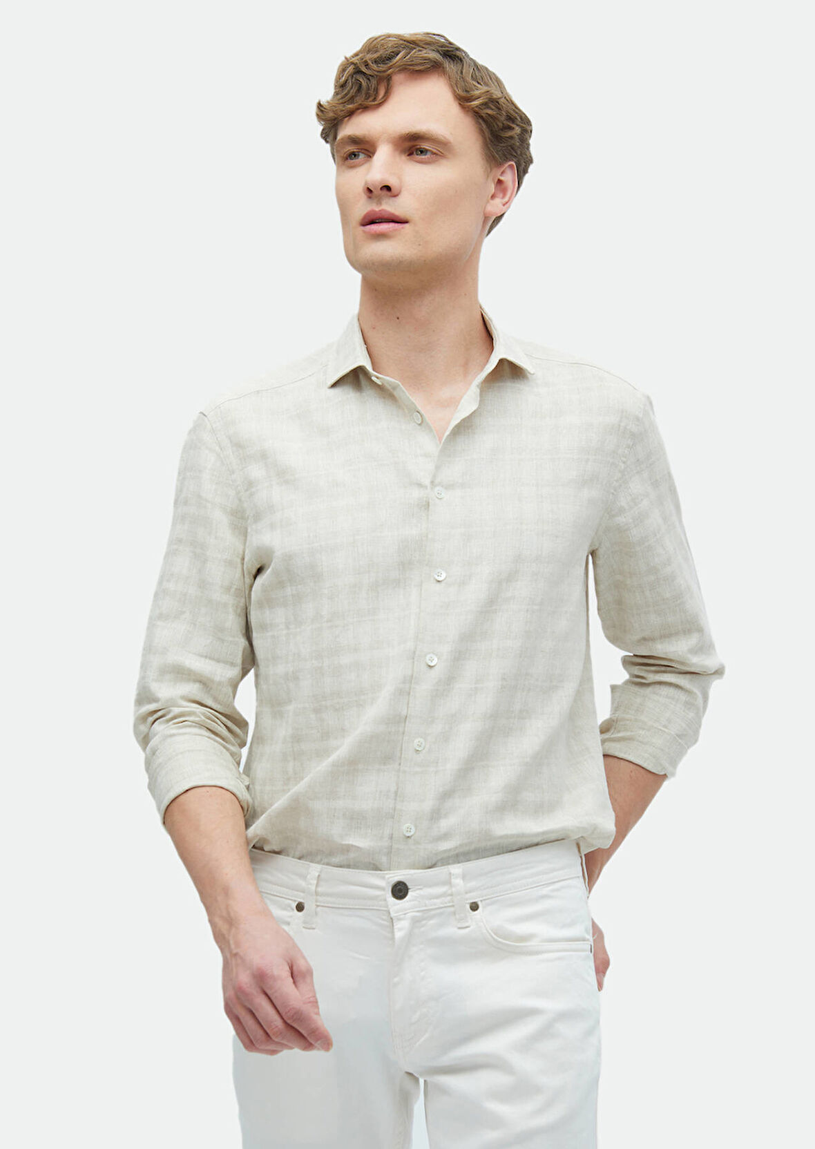 Bej Baskılı Regular Fit Dokuma Casual %100 Keten Gömlek