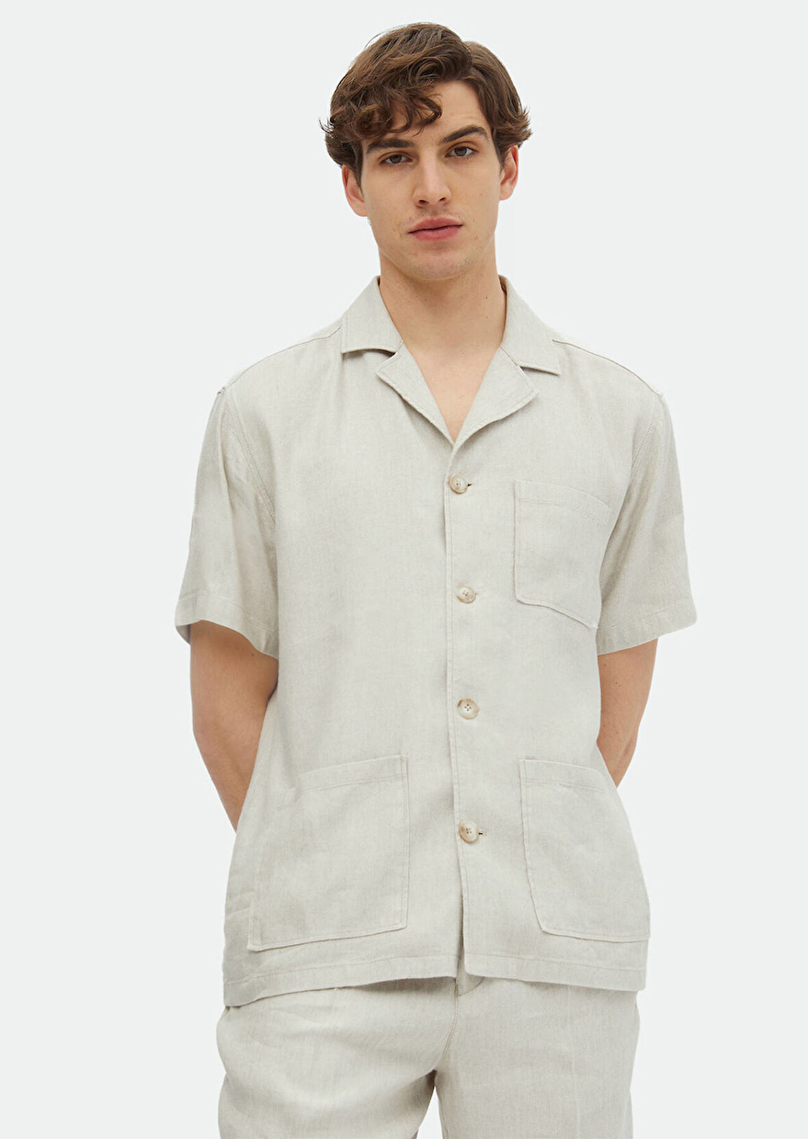 Bej Düz Casual Fit Dokuma Keten Karışımlı Overshırt