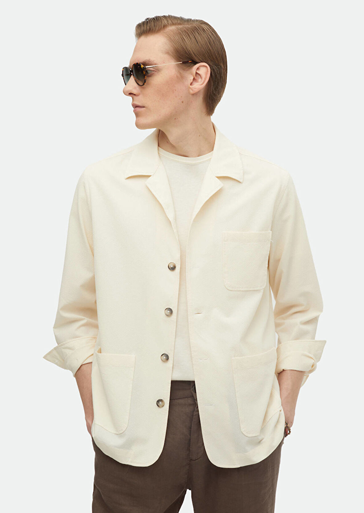 Ekru Düz Casual Fit Dokuma Pamuk Karışımlı Overshırt