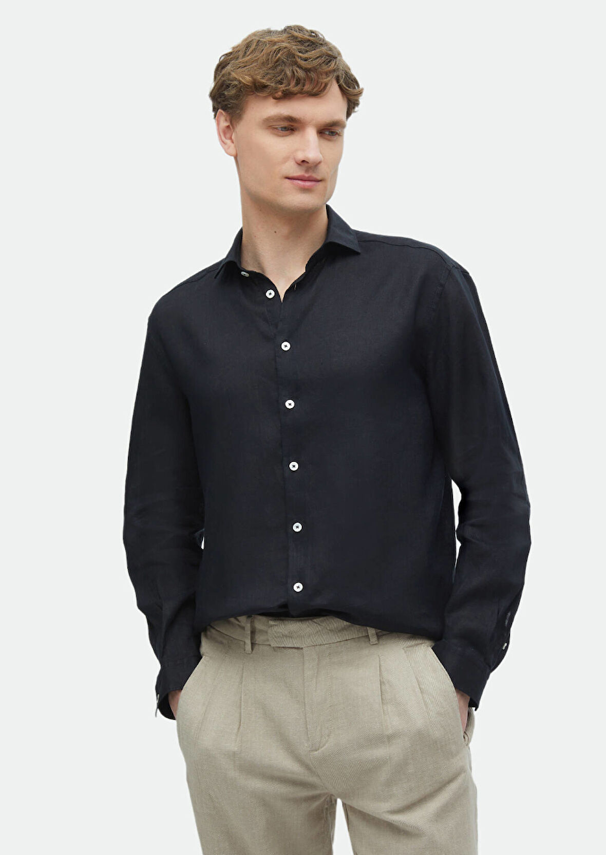 Siyah Düz Regular Fit Dokuma Casual %100 Keten Gömlek