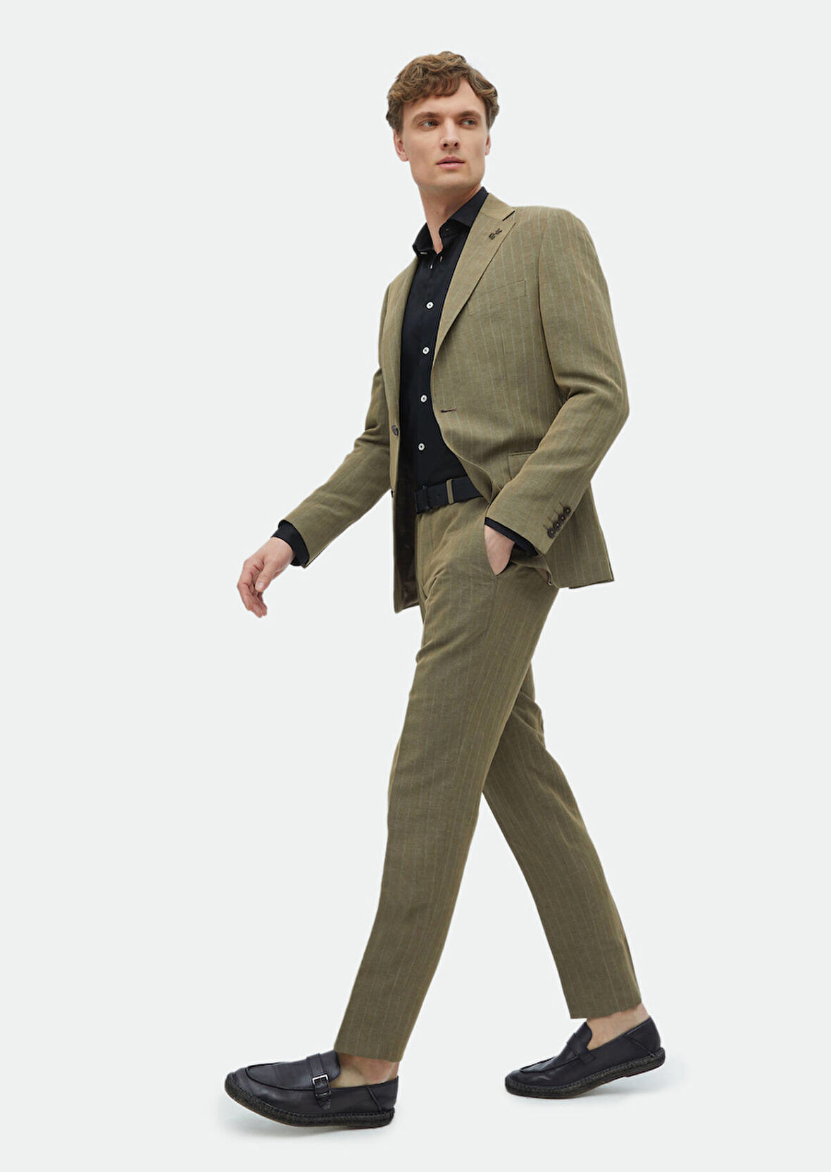 Vizon Çizgili Zeroweight Slim Fit Keten Karışımlı Takım Elbise