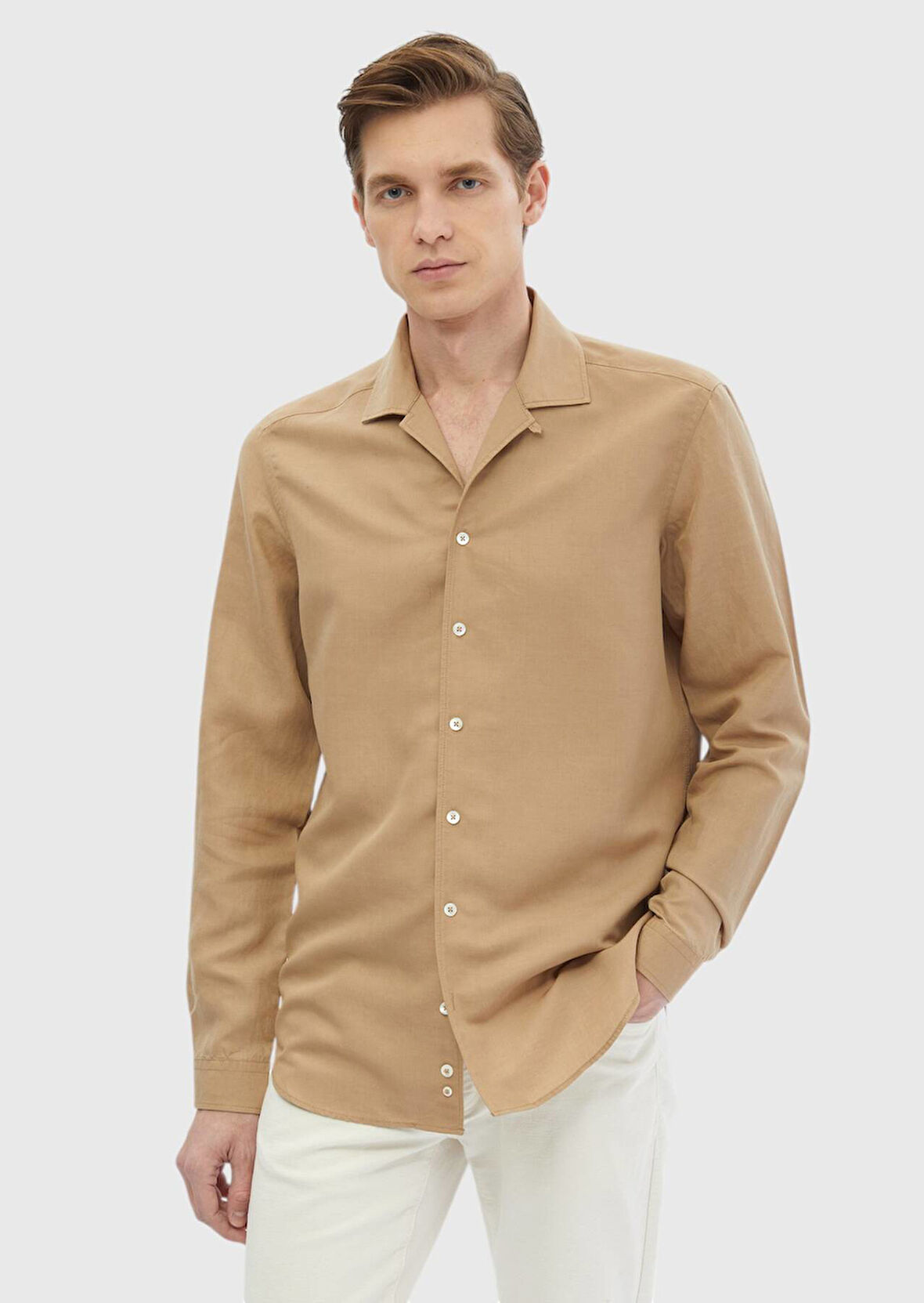 Deve Tüyü Düz Regular Fit Dokuma Casual Keten Karışımlı Gömlek