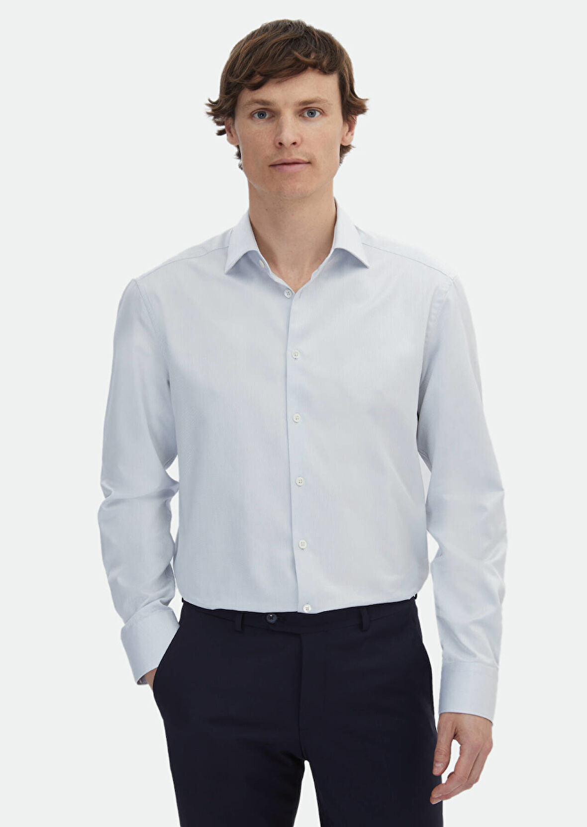 Açık Gri Çizgili Regular Fit Dokuma Klasik %100 Pamuk Gömlek