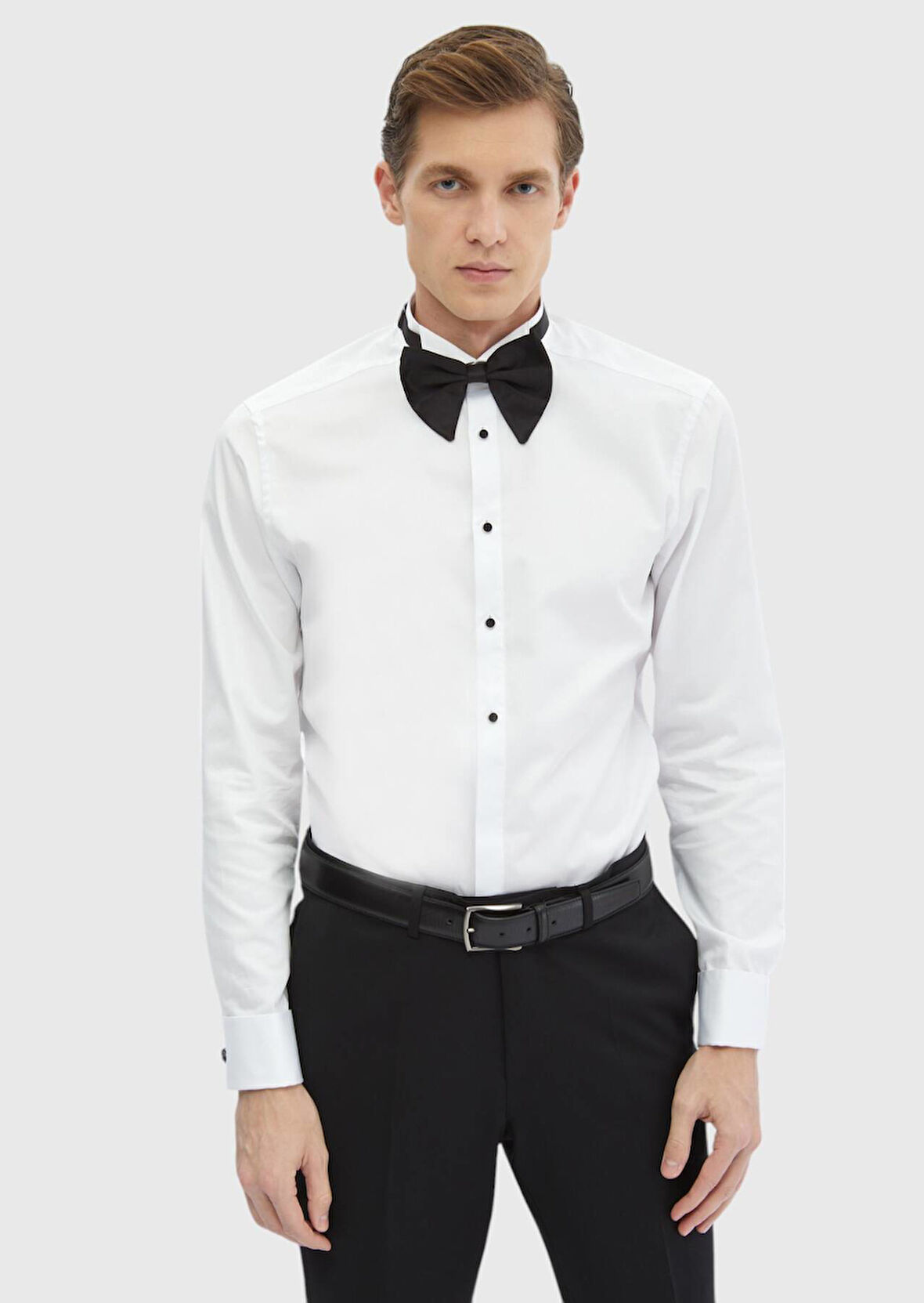 Beyaz Düz Slim Fit Duble Manşet Ata Yaka Smokin Gömlek