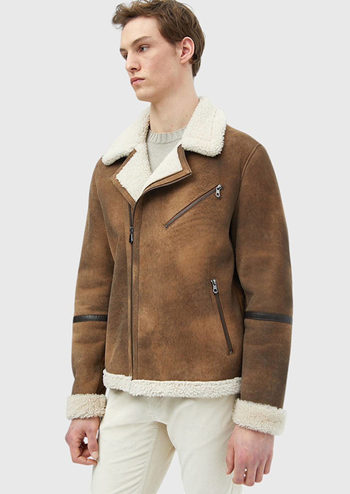 Kahverengi Regular Fit Gömlek Yaka Casual Kürk Deri Mont