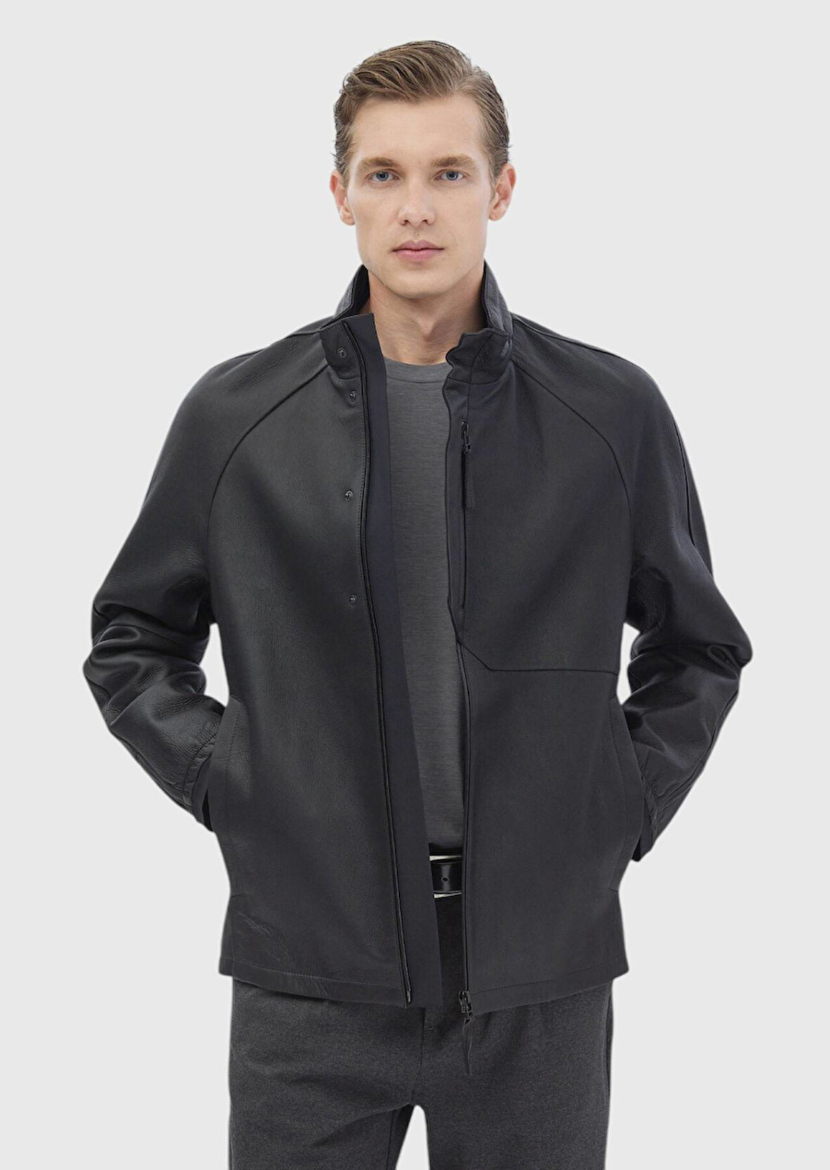 Siyah Regular Fit Dik Yaka Casual Süet Deri Mont