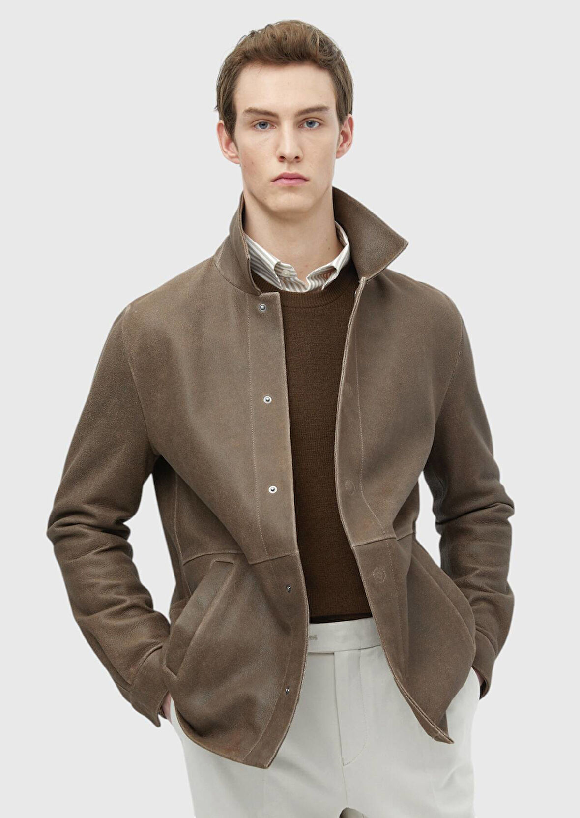 Kahverengi Regular Fit Gömlek Yaka Casual Deri Deri Mont