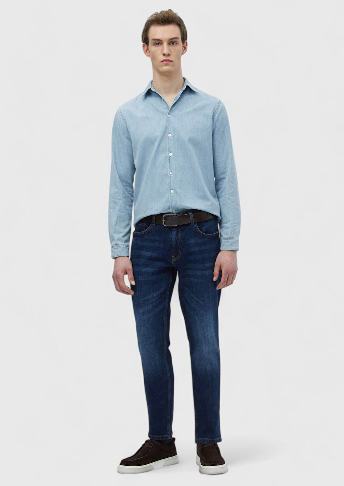 Lacivert Düz Slim Fit Denim Pamuk Karışımlı Pantolon