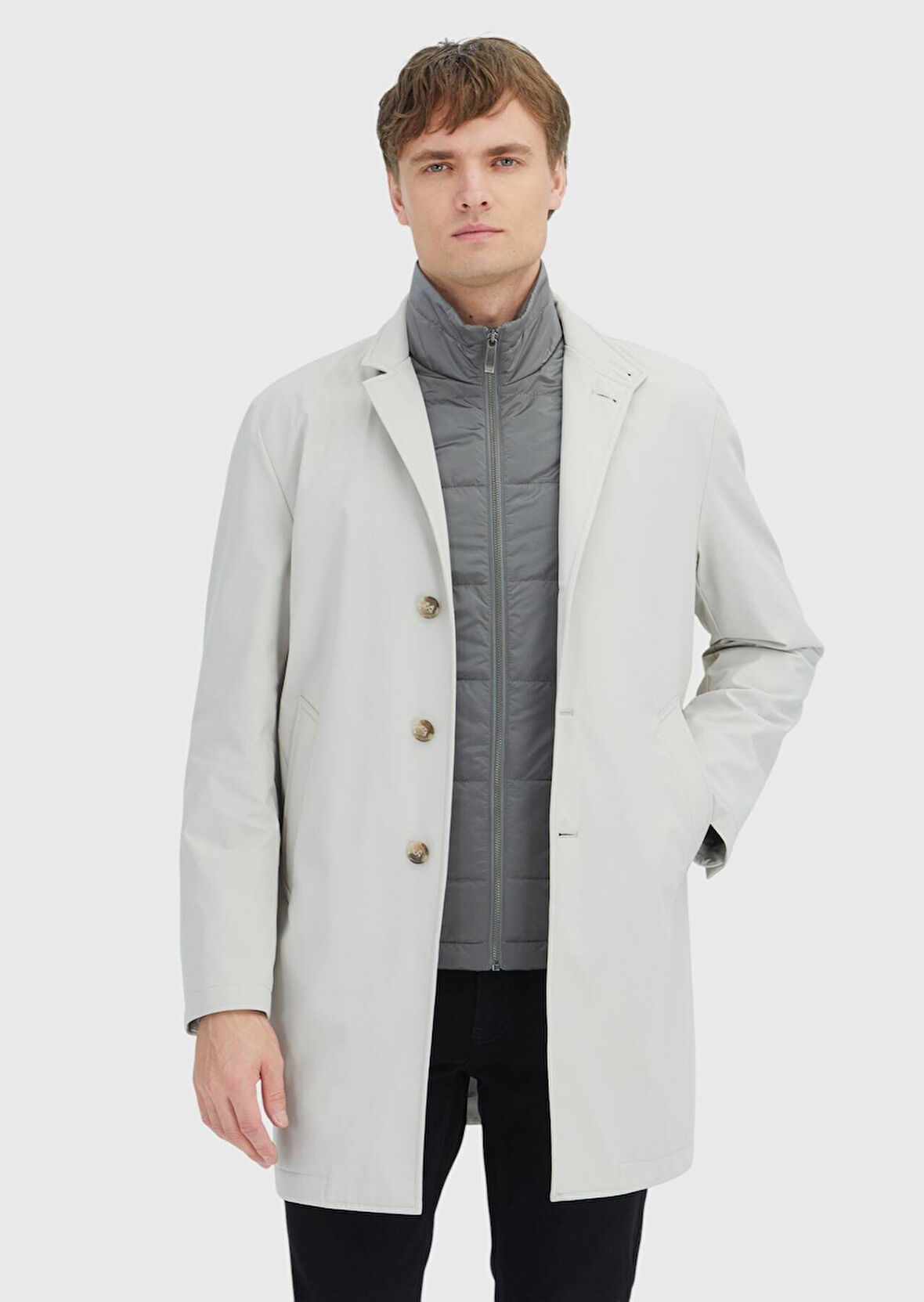 Ekru Regular Fit Kruvaze Yaka Casual Dokuma Pardesü