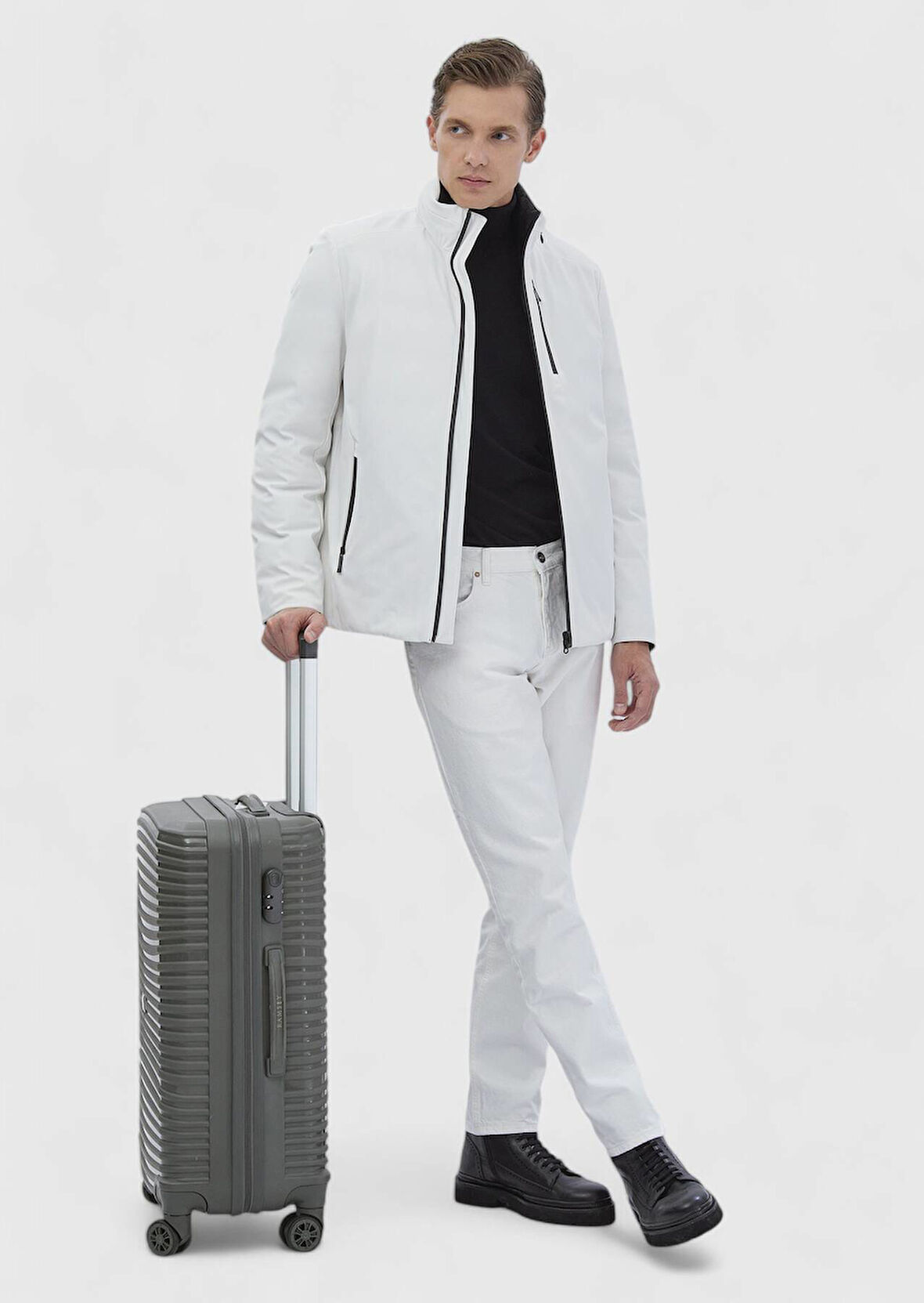 Beyaz Regular Fit Dik Yaka Casual Dokuma Çift Taraflı Mont