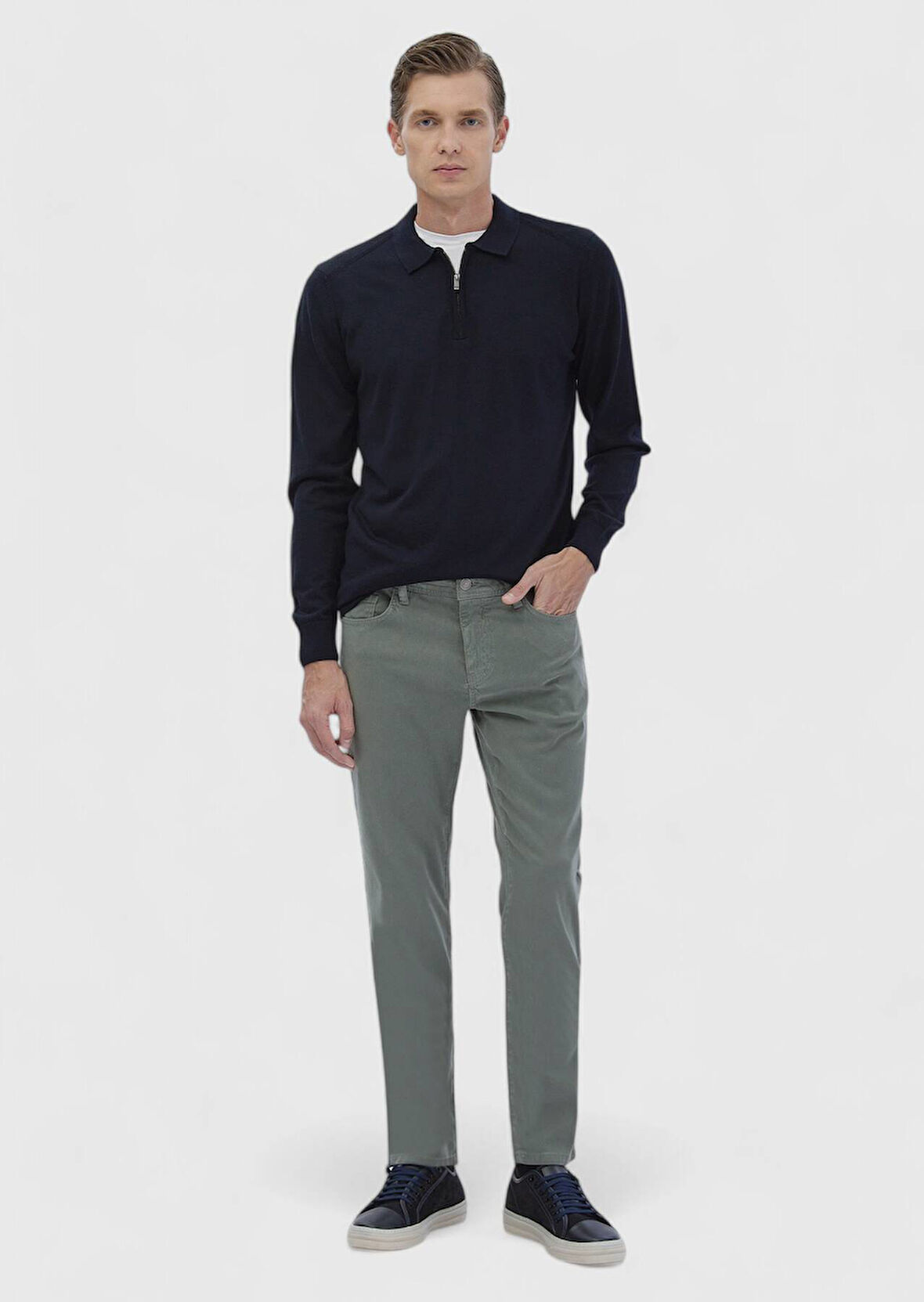 Yeşil Düz Dokuma Slim Fit Casual Pamuk Karışımlı Pantolon