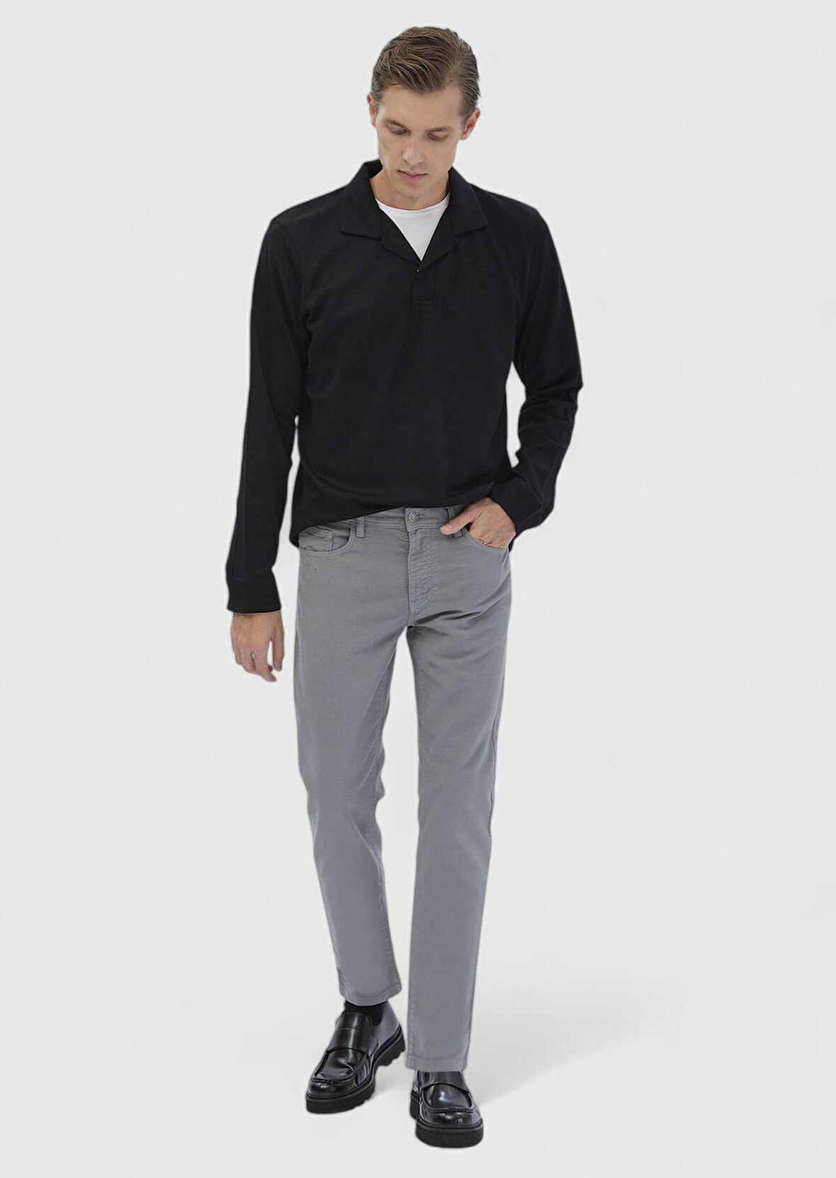 Gri Düz Dokuma Slim Fit Casual Pamuk Karışımlı Pantolon