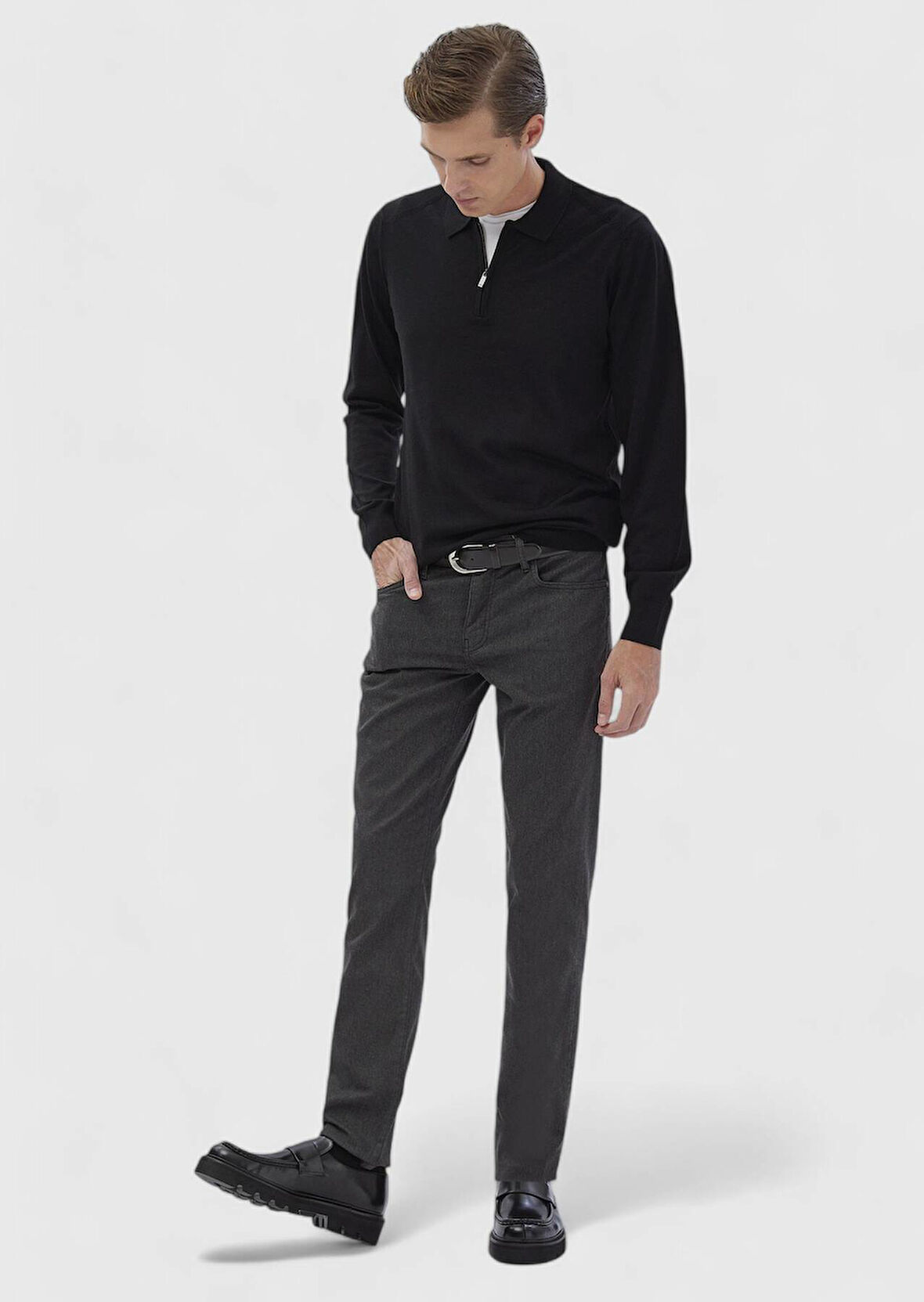 Antrasit Düz Dokuma Slim Fit Casual Pamuk Karışımlı Pantolon