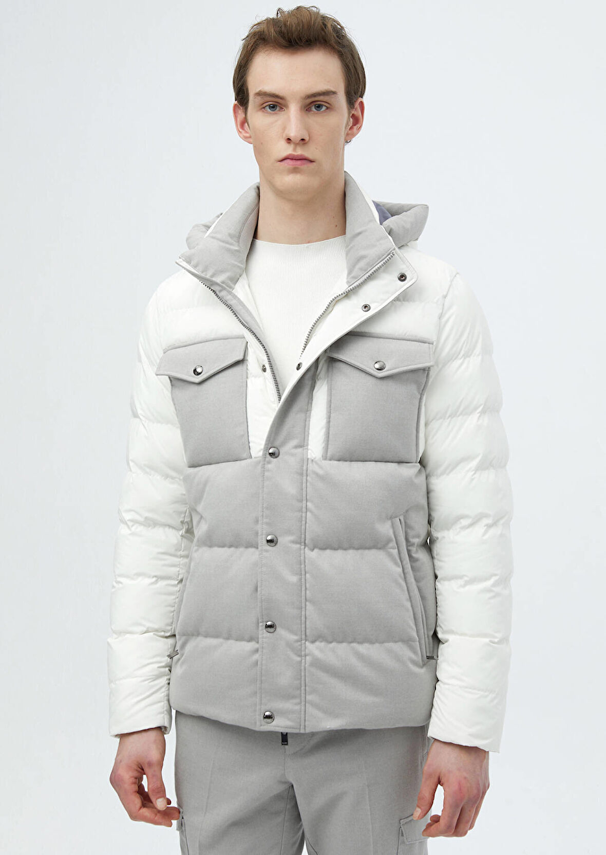 Beyaz Regular Fit Kapüşonlu Casual Dokuma Mont