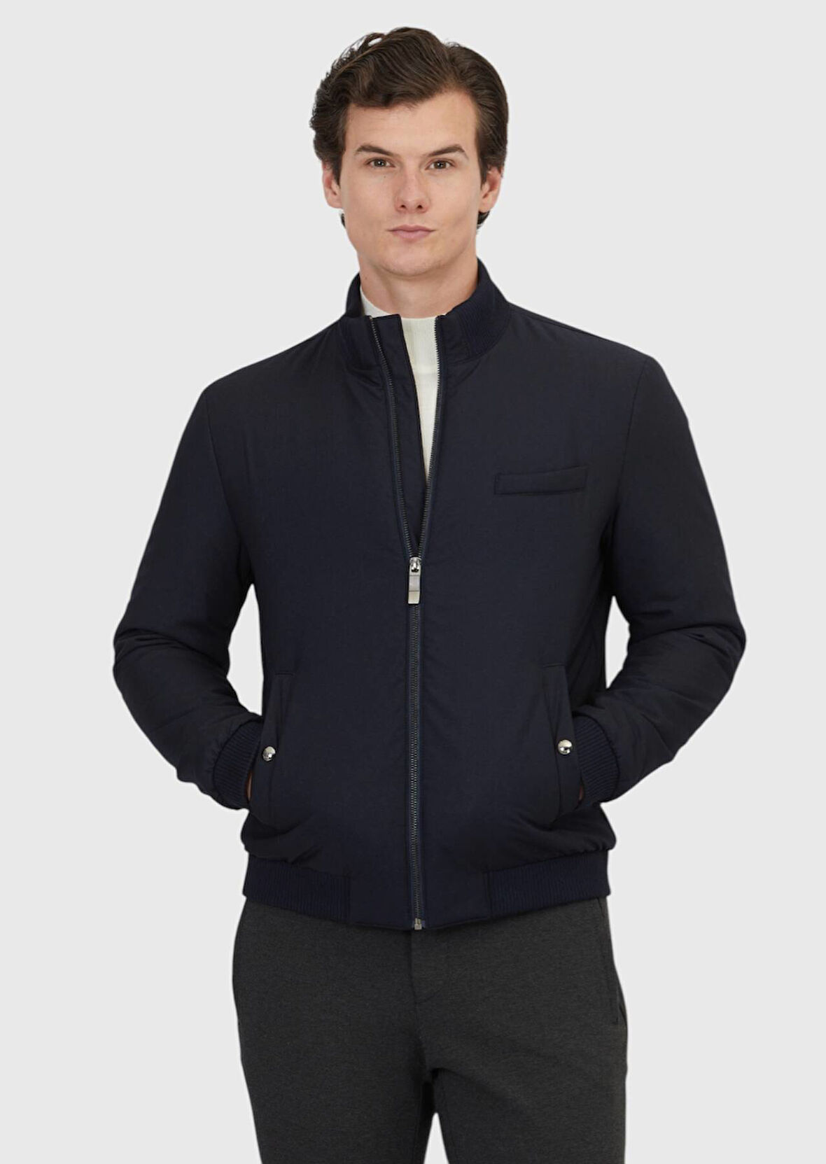 Lacivert Regular Fit Dik Yaka Casual Dokuma Mont