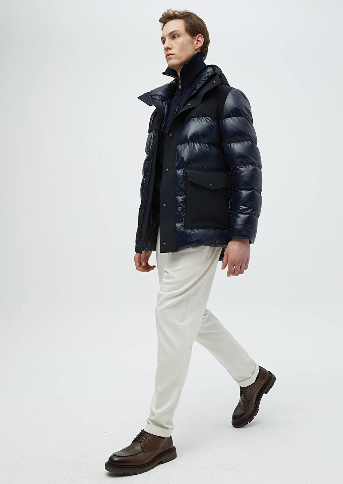 Lacivert Regular Fit Kapüşonlu Casual Dokuma Kaban