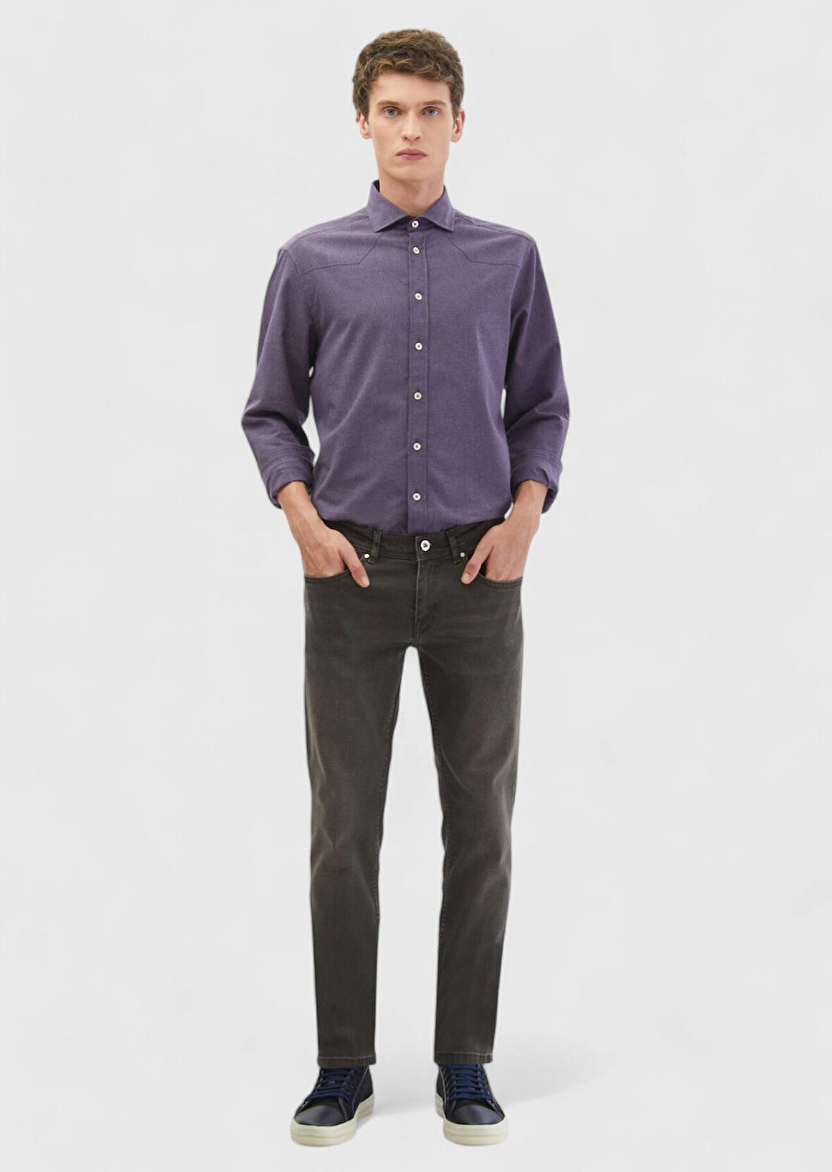 Kahverengi Düz Slim Fit Denim Pamuk Karışımlı Pantolon