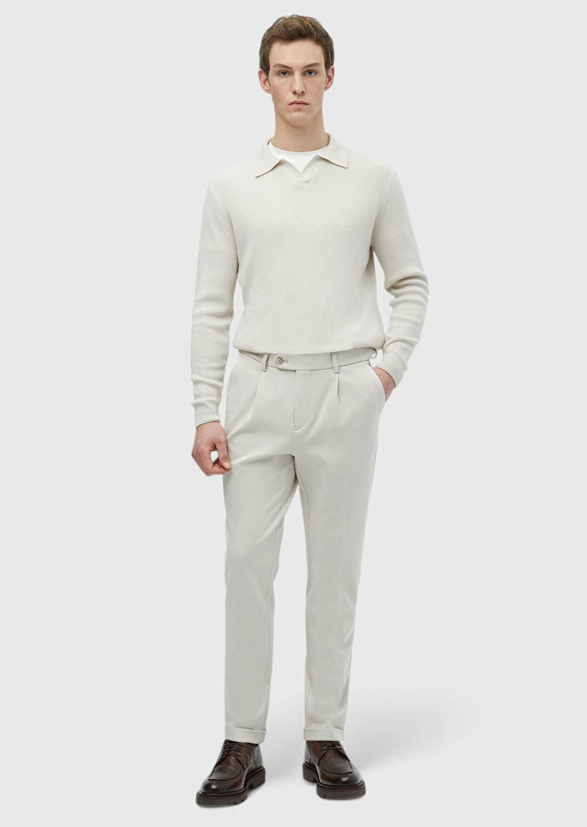 Bej Düz Örme Regular Fit Casual Pantolon