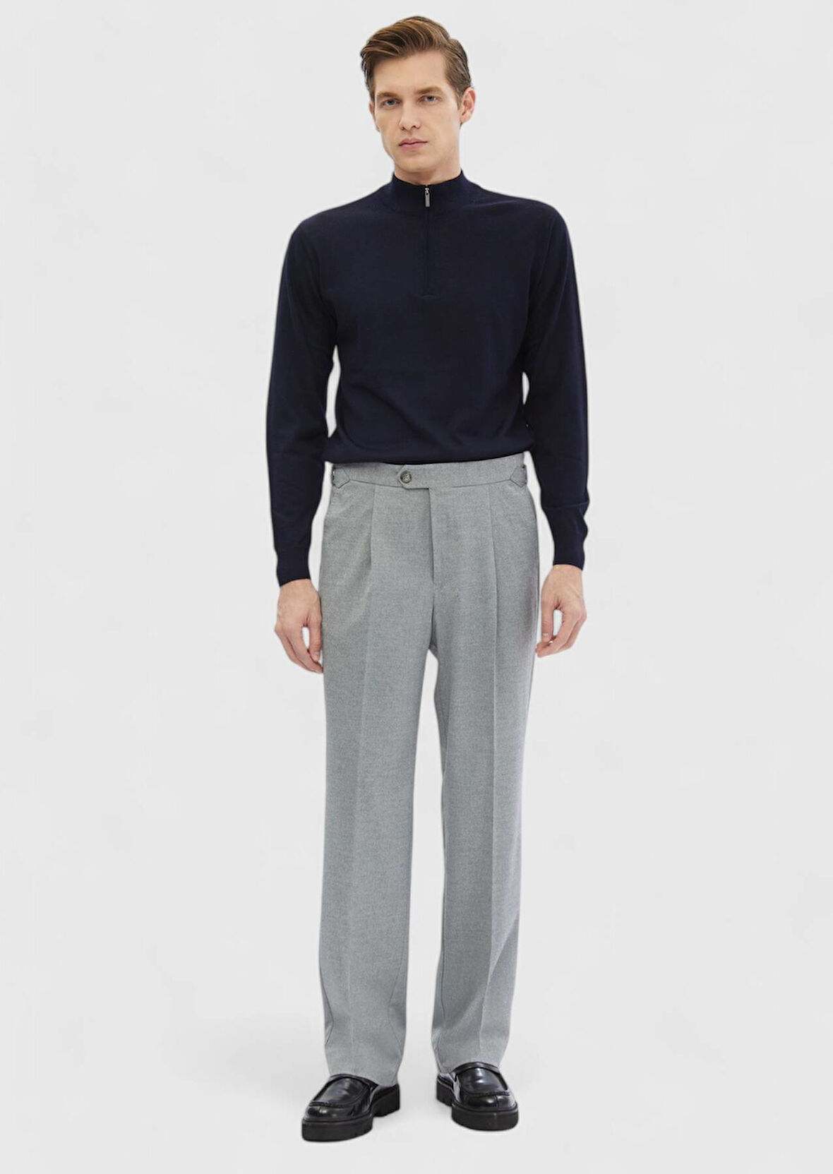 Gri Düz Dokuma Loose Fit Casual Pantolon