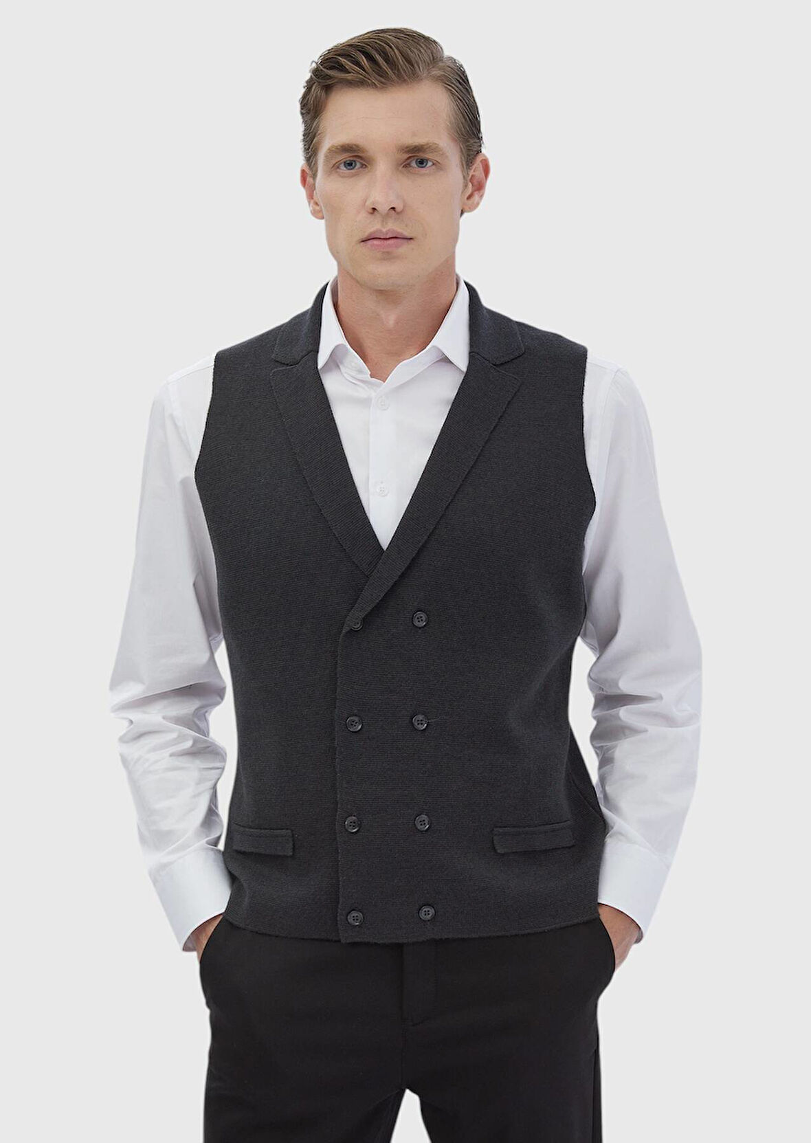 Antrasit Regular Fit Kelebek Yaka Casual Örme Triko Yelek