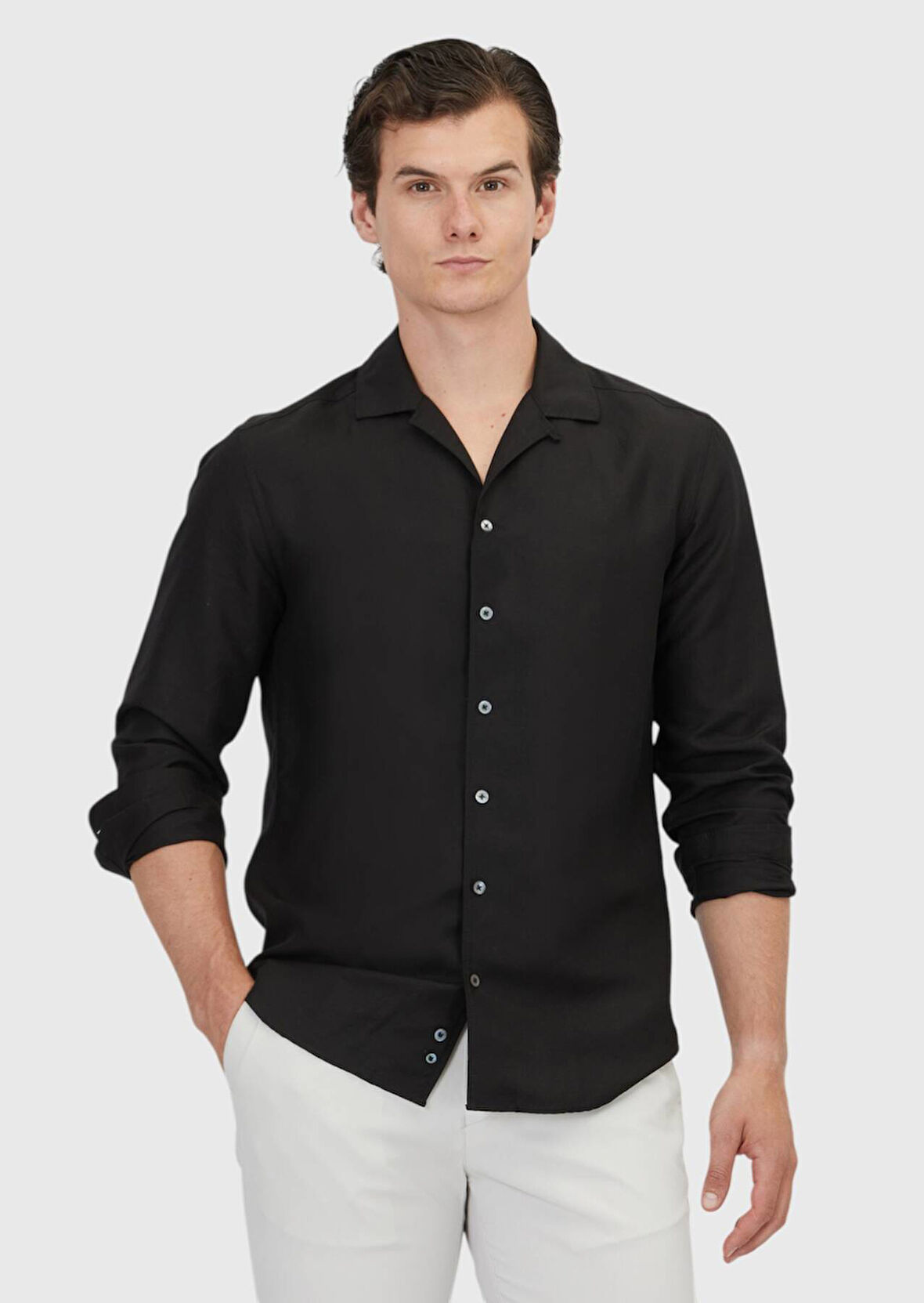 Siyah Düz Regular Fit Dokuma Casual Keten Karışımlı Gömlek