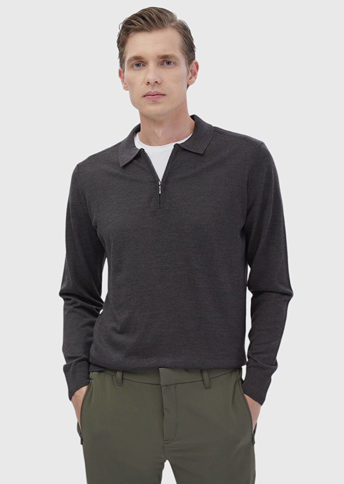 Antrasit Polo Yaka Düz Örgü Yün Karışımlı Triko Kazak