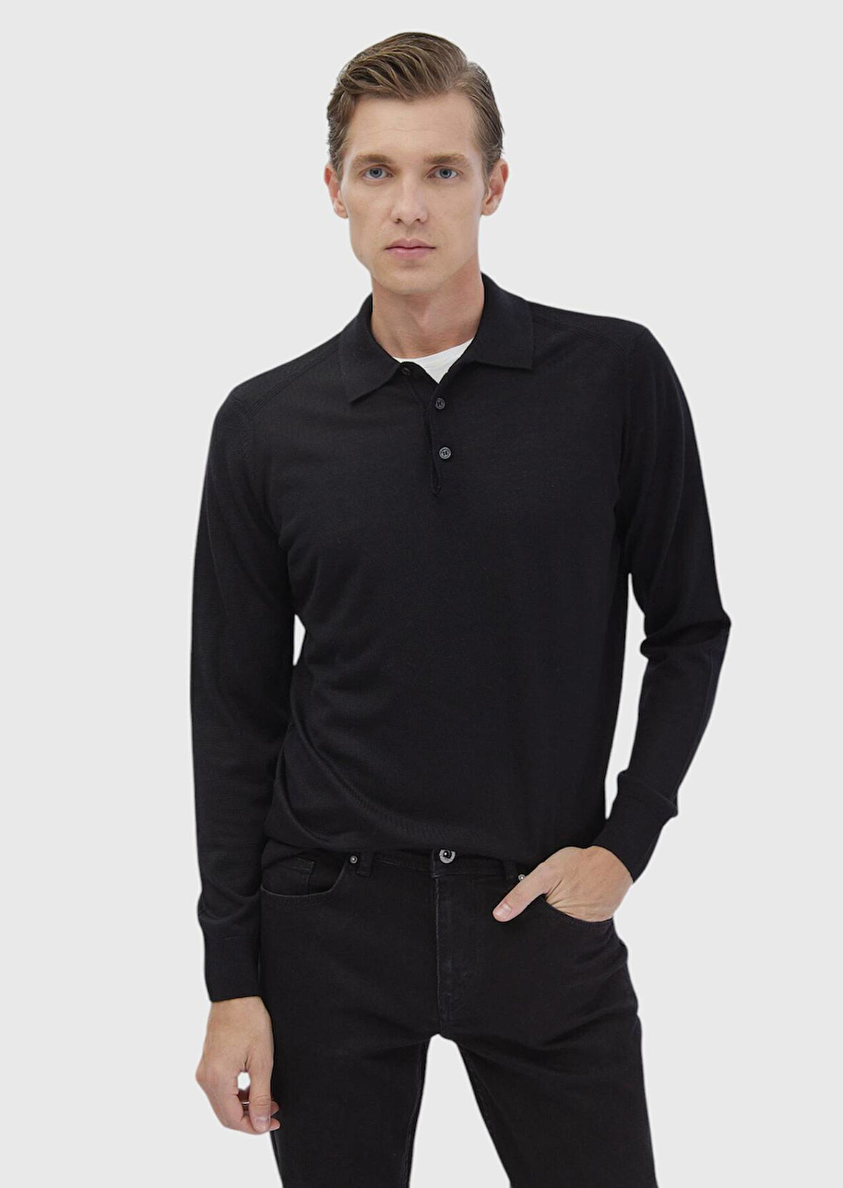 Siyah Polo Yaka Düz Örgü Yün Karışımlı Triko Kazak