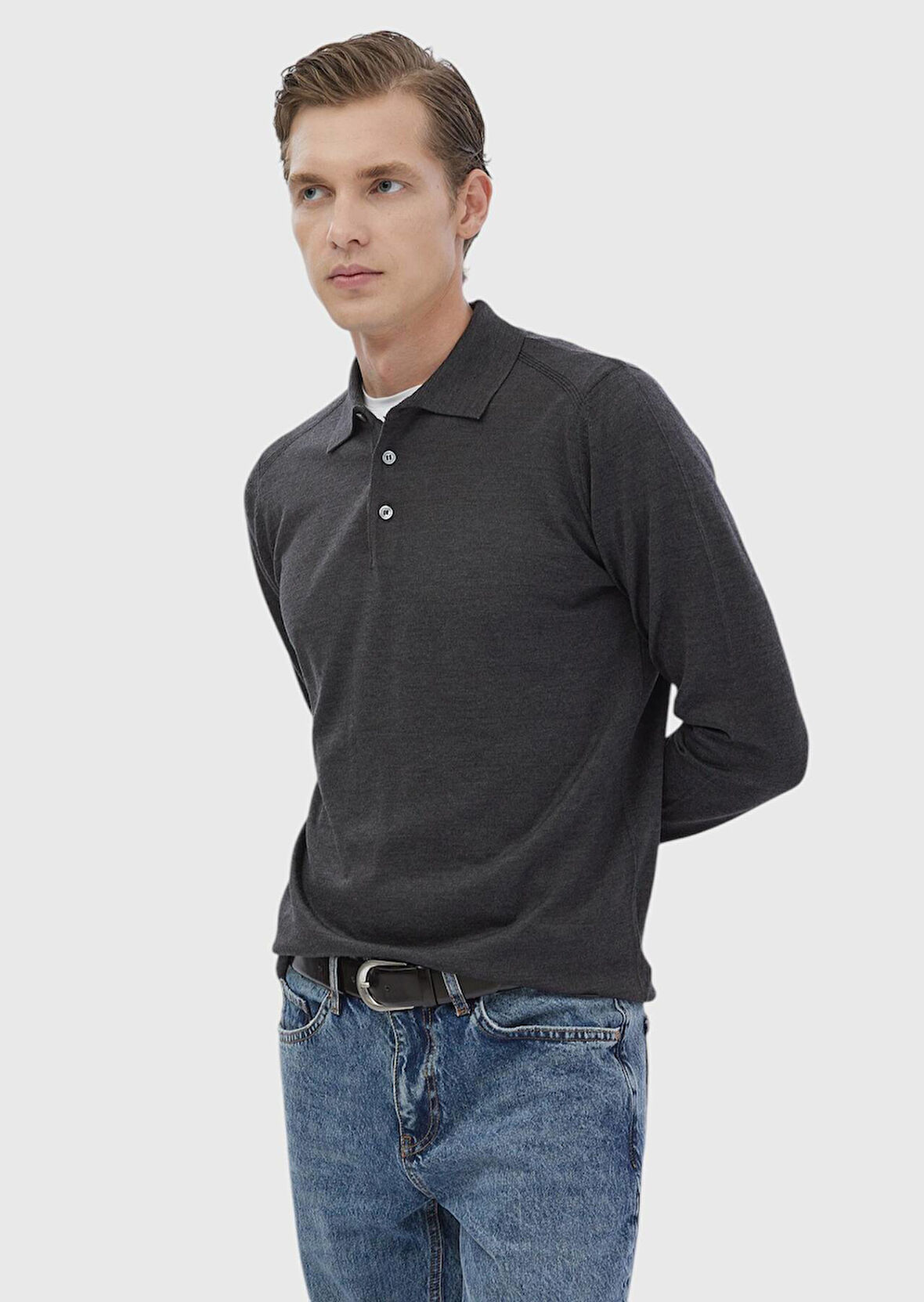 Antrasit Polo Yaka Düz Örgü Yün Karışımlı Triko Kazak