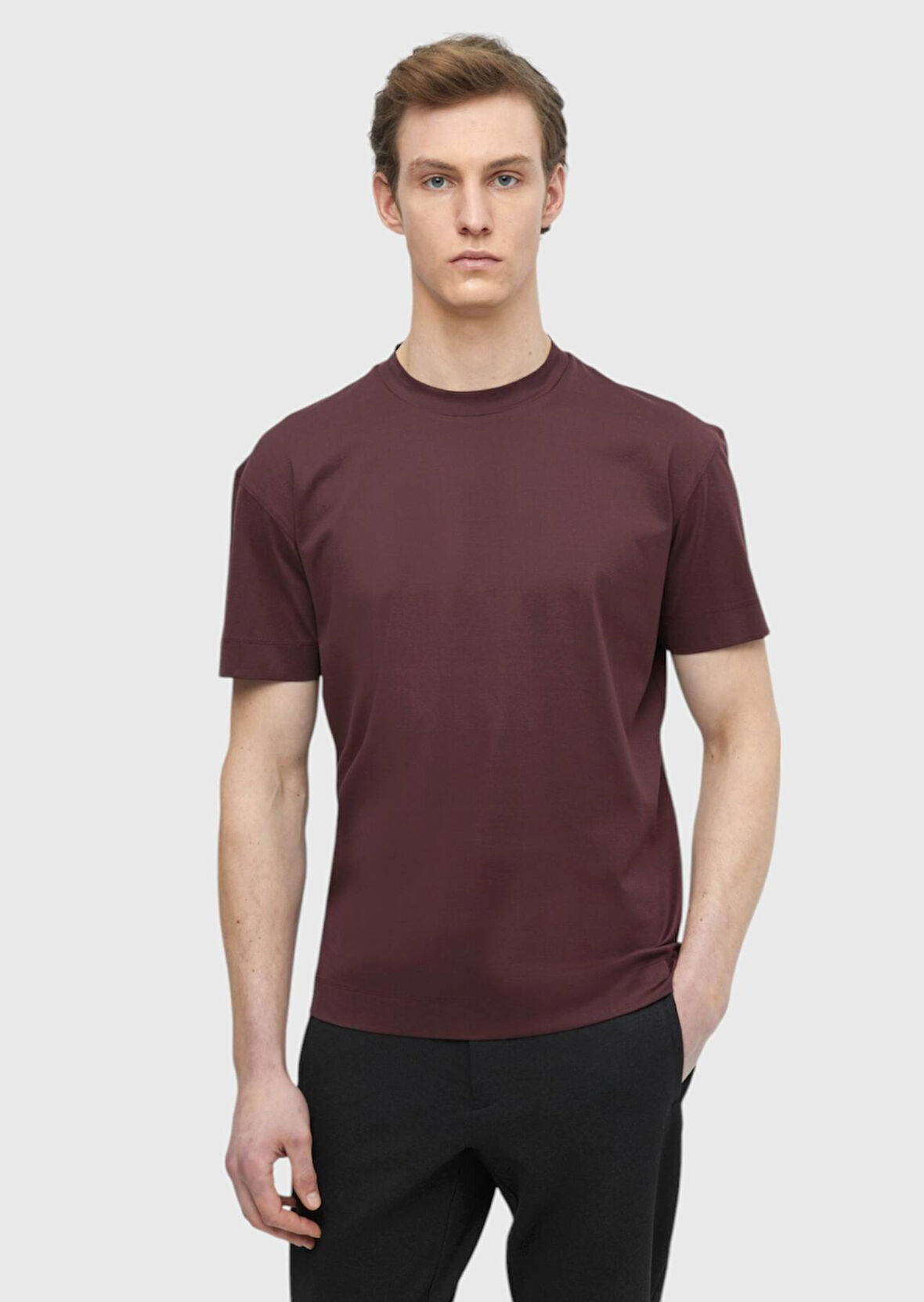 Bordo Düz Bisiklet Yaka %100 Pamuk T-Shirt