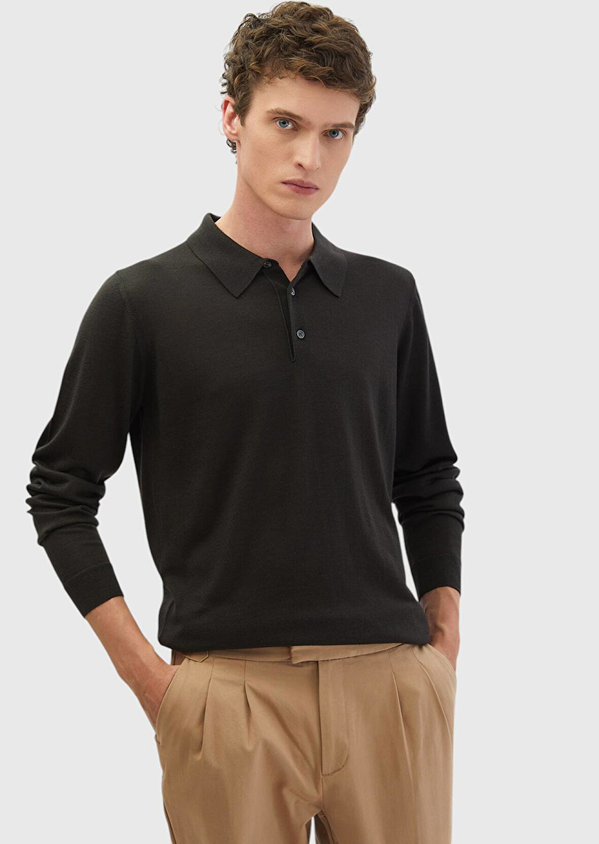 Antrasit Polo Yaka Düz Örgü İpek Karışımlı Triko Kazak