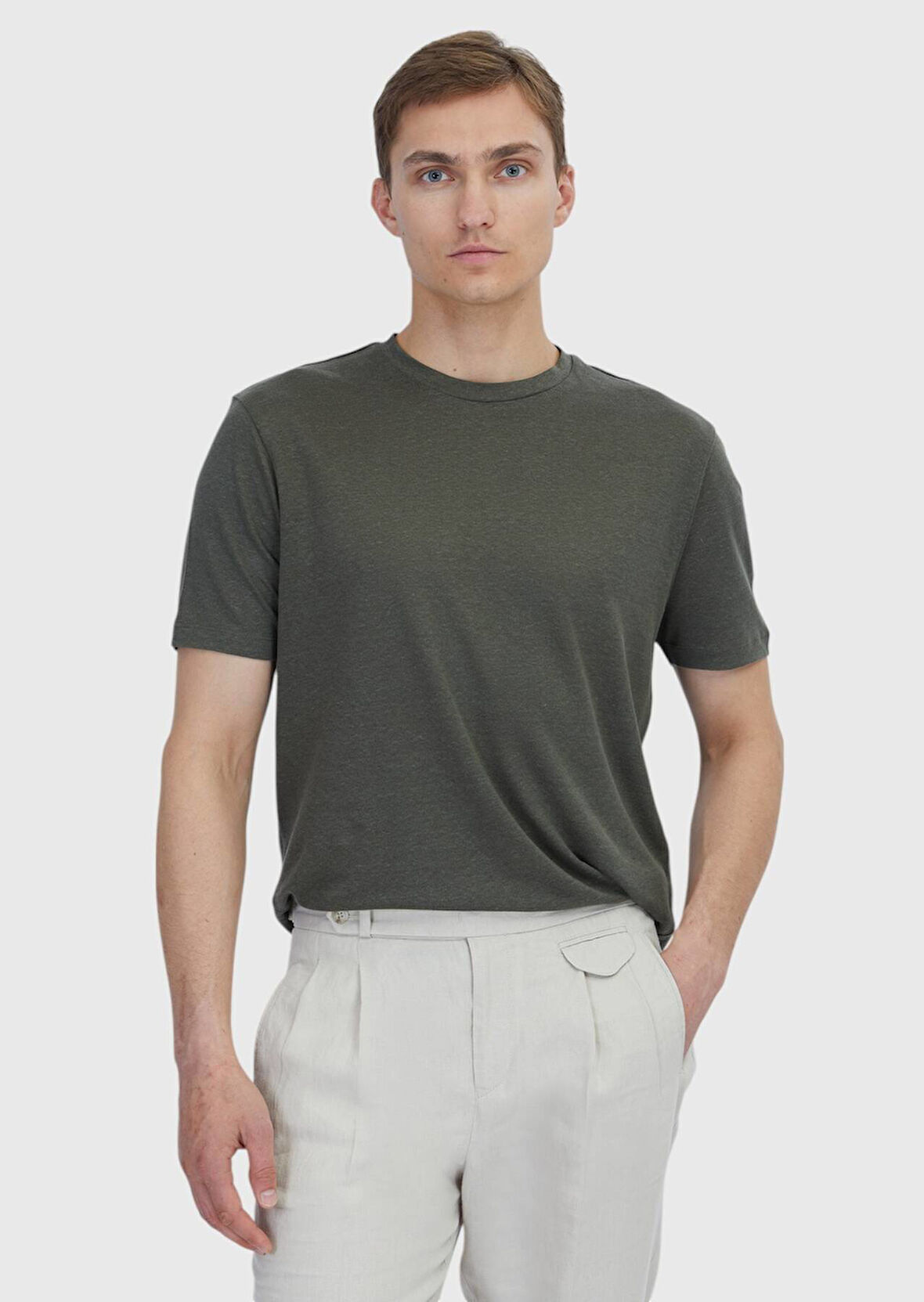 Haki Düz Bisiklet Yaka %100 Keten T-Shirt