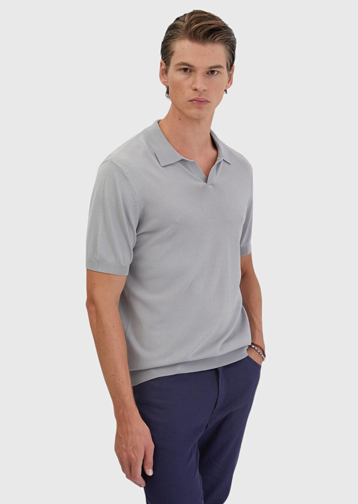 Açık Gri Polo Yaka Düz Örgü Triko