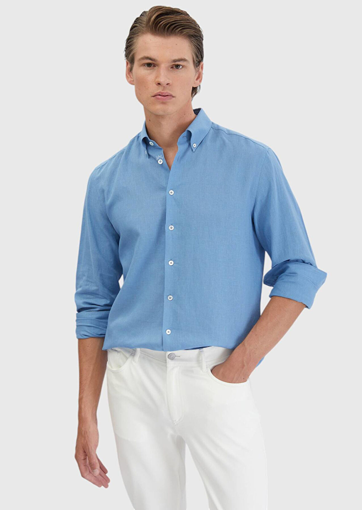 Mavi Düz Casual Fit Dokuma Casual Pamuk Karışımlı Gömlek