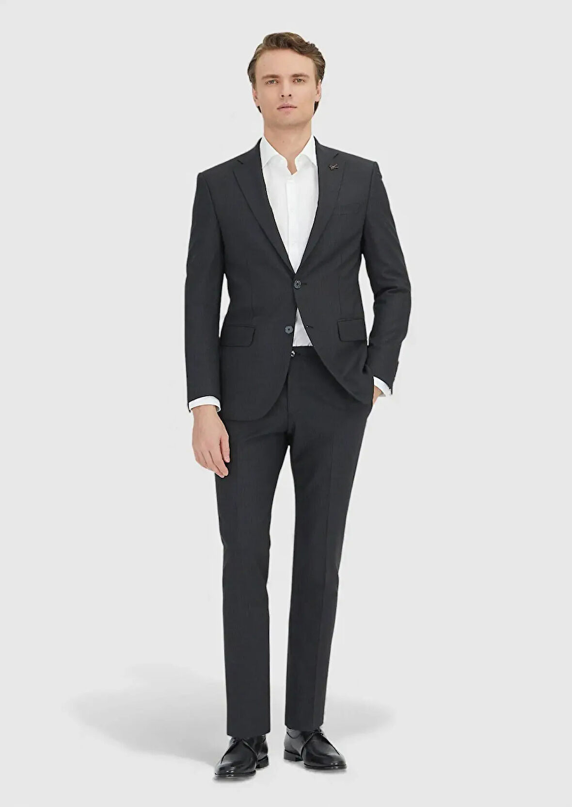 Antrasit Çizgili Modern Fit Yün Karışımlı Takım Elbise